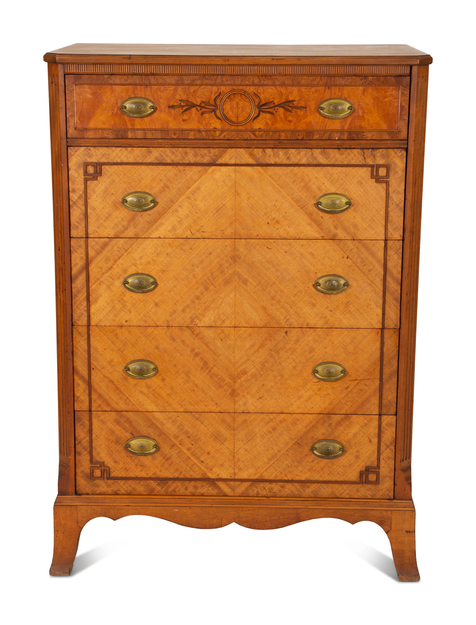 A French Empire Style Burl and Walnut Veneered Tall Chest — 20th Century