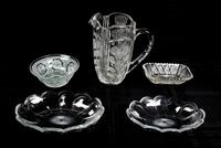Five Cut and Molded Glass Decorative Articles Height of pitcher 8 1/4 inches.