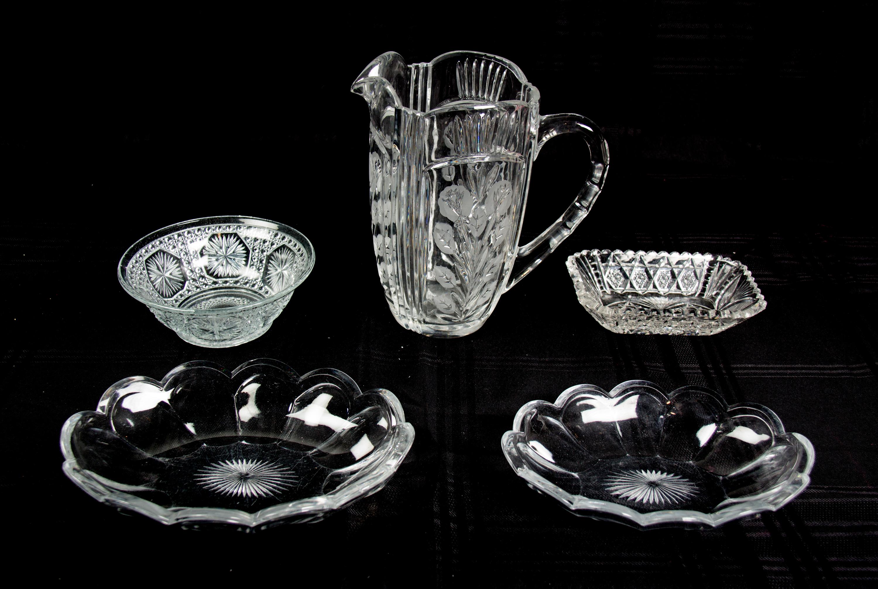 Five Cut and Molded Glass Decorative Articles Height of pitcher 8 1/4 inches.