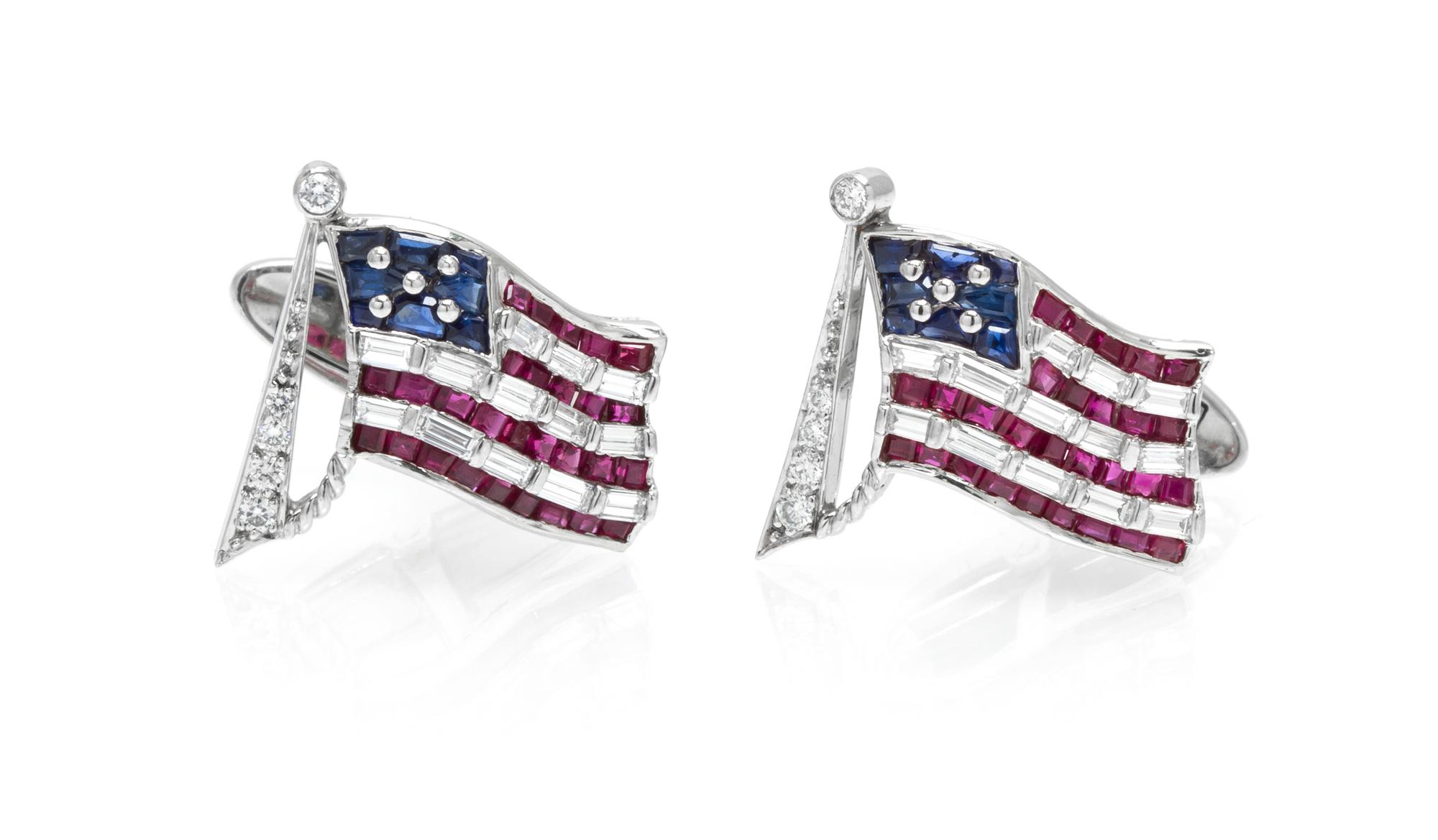 A Pair of Platinum, Diamond, Ruby and Sapphire American Flag Cufflinks, Oscar Heyman Brothers, Previously owned by President Jimmy Cart