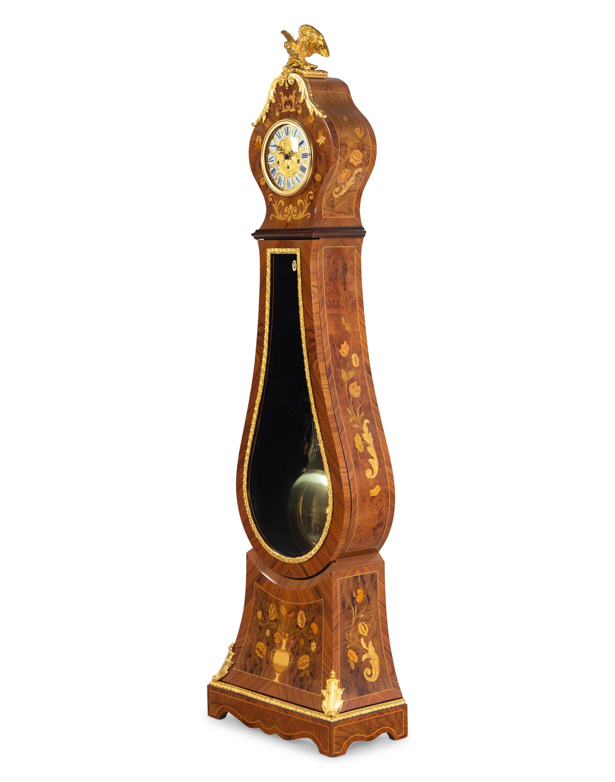 An Italian Gilt Metal Mounted Marquetry Tall Case Clock