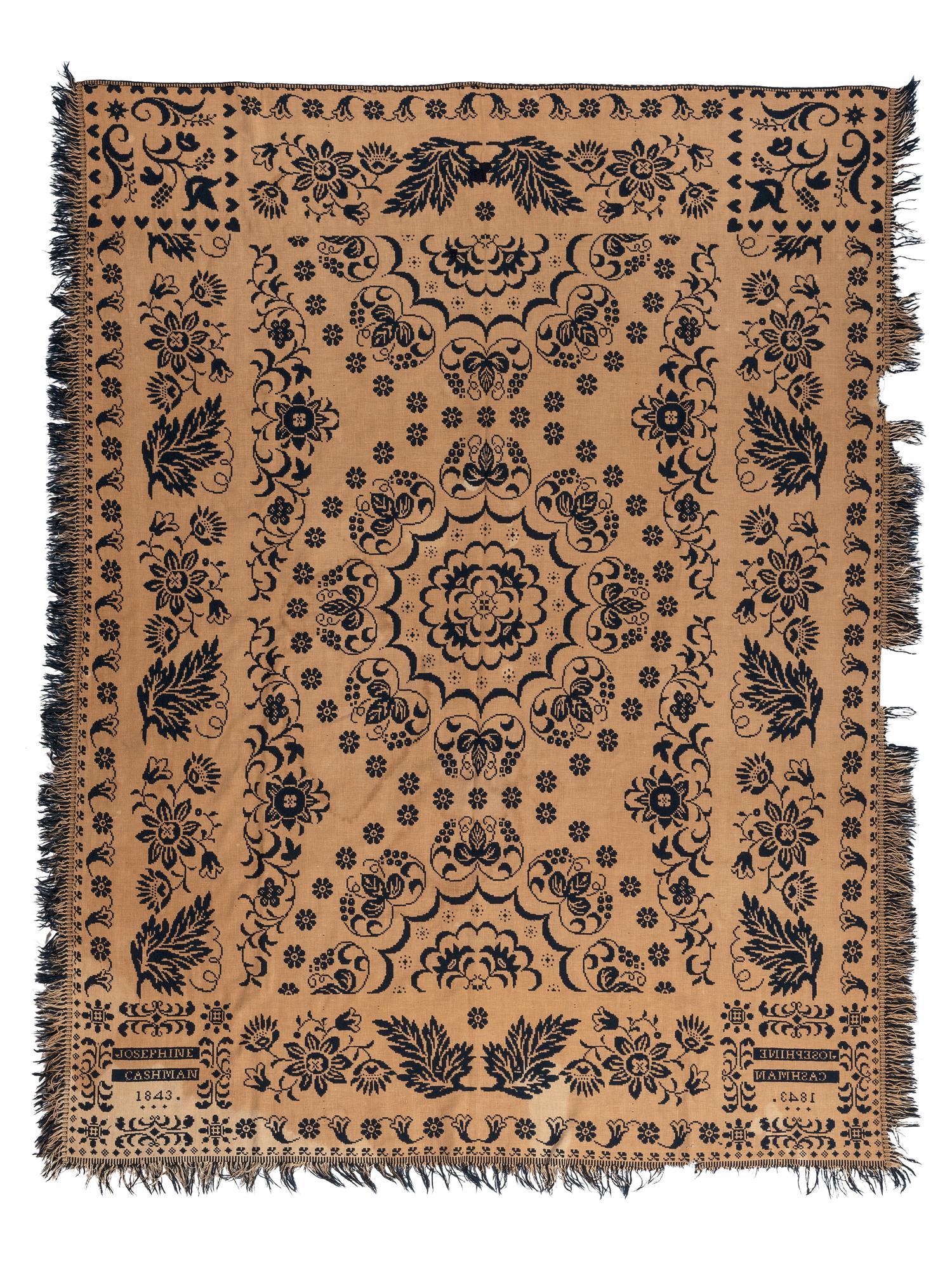 A Flower, Heart and Grape Pattern Jacquard Coverlet
