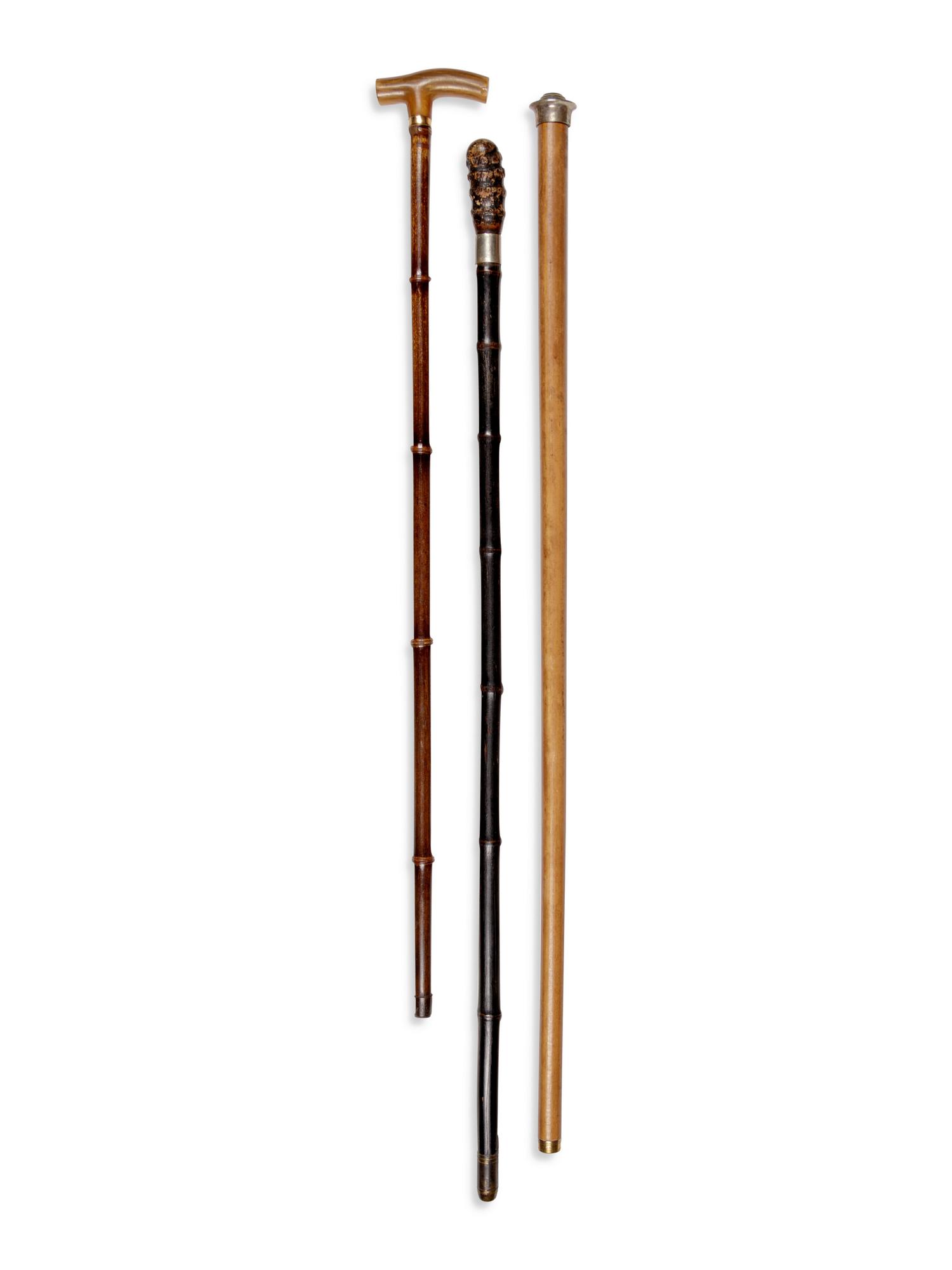 Three English Silvered Metal Mounted Measuring System Walking Sticks