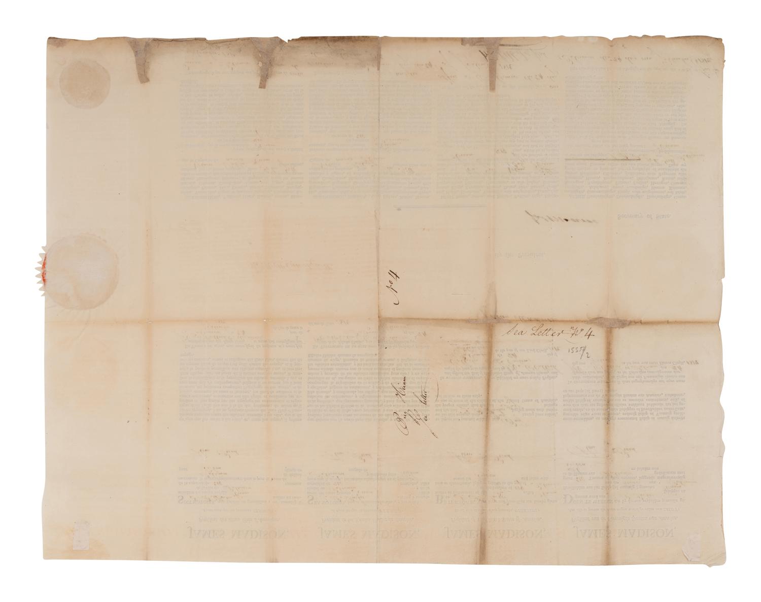 MADISON, James (1751-1831). Partly printed document signed ("James Madison"), as President, Washington, D. C., 24 September 1812, countersigned by James MONROE (1758-1831), as Secretary of State.