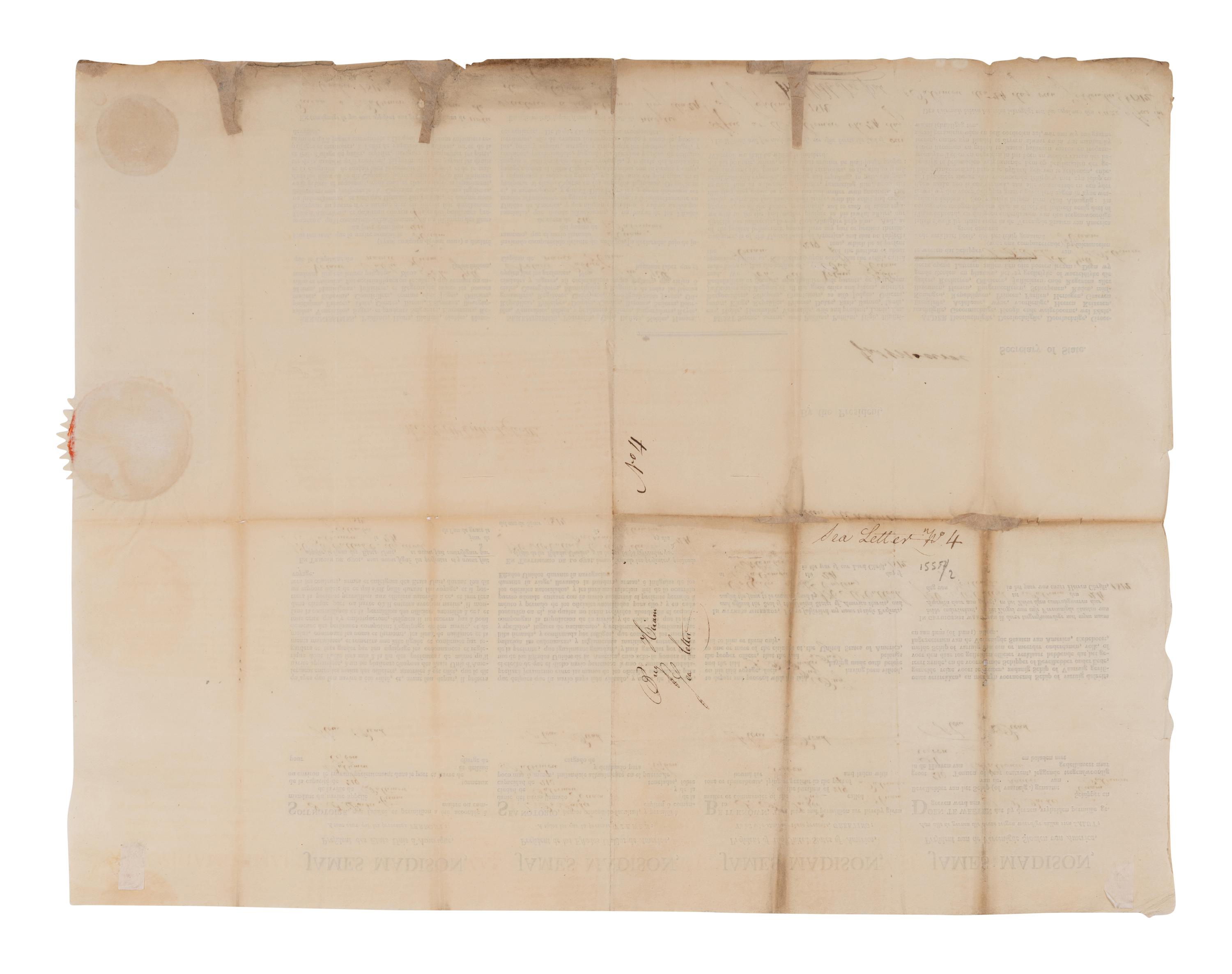 MADISON, James (1751-1831). Partly printed document signed ("James Madison"), as President, Washington, D. C., 24 September 1812, countersigned by James MONROE (1758-1831), as Secretary of State.