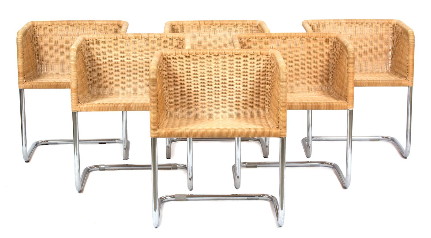 Harvey Probber (American 1922-2203), Fabricius and Kastholm, 1960s, wicker bucket chairs, having a cantilever chrome tubular frame