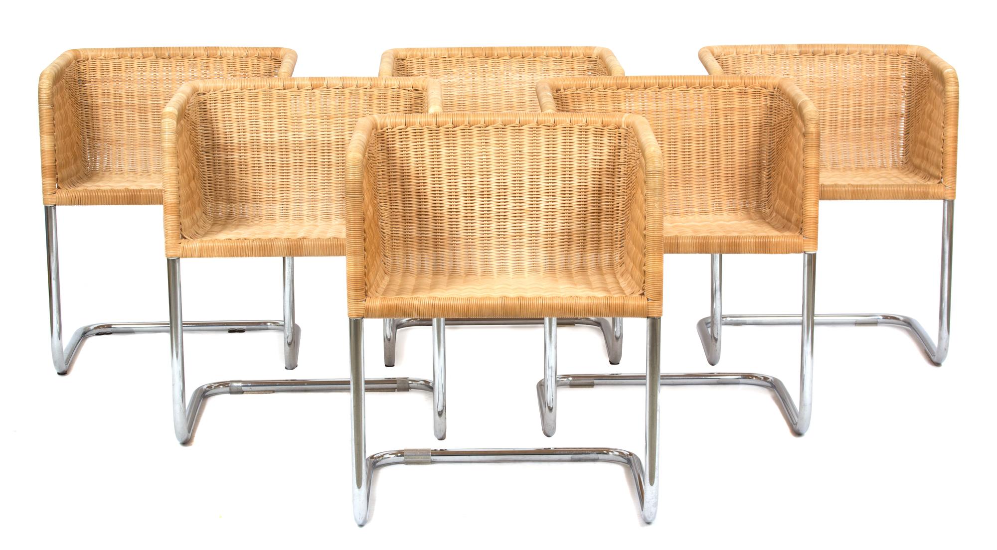 Harvey Probber (American 1922-2203), Fabricius and Kastholm, 1960s, wicker bucket chairs, having a cantilever chrome tubular frame