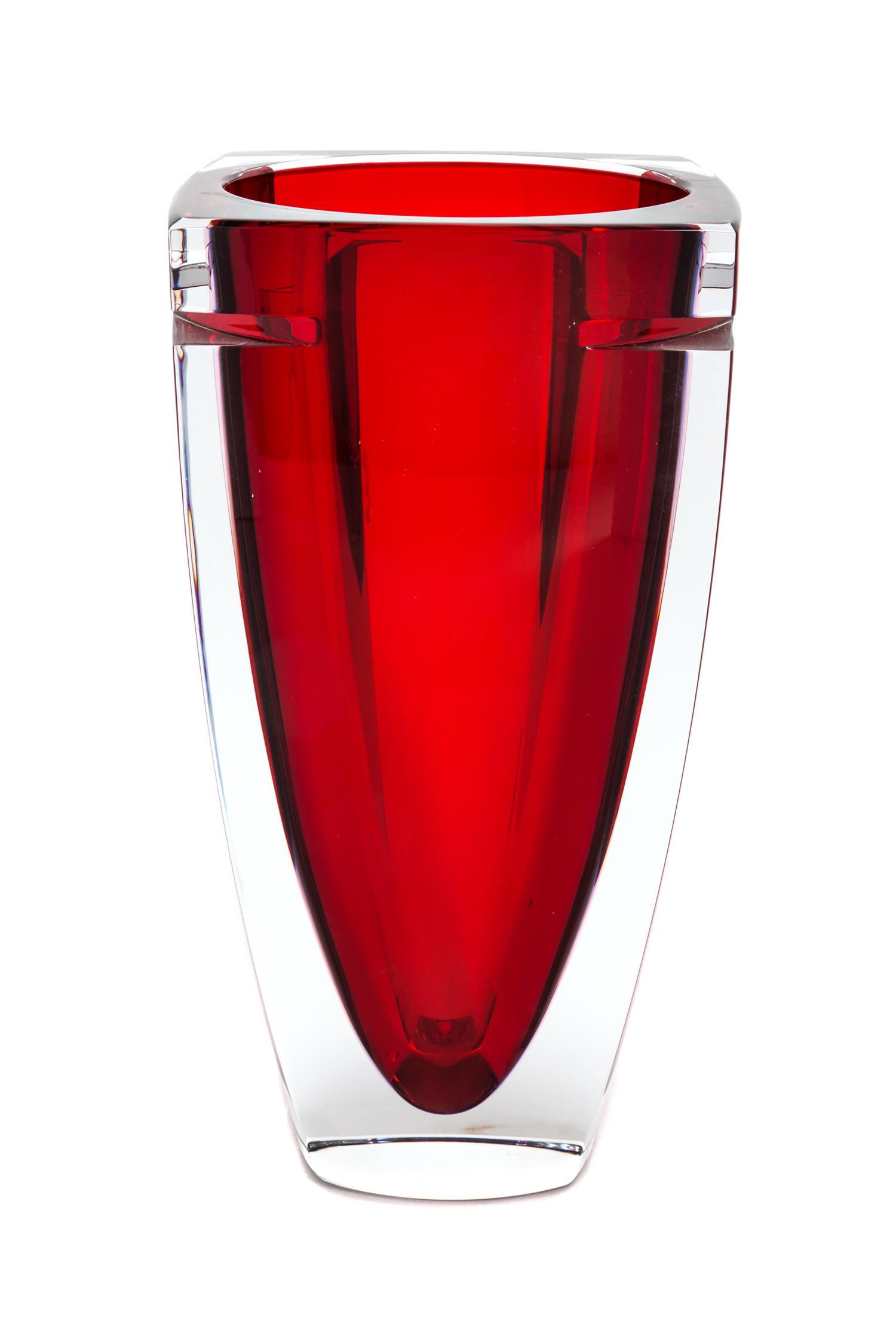 Waterford, a Metra-Red vase, of tapering squared form with notched edges