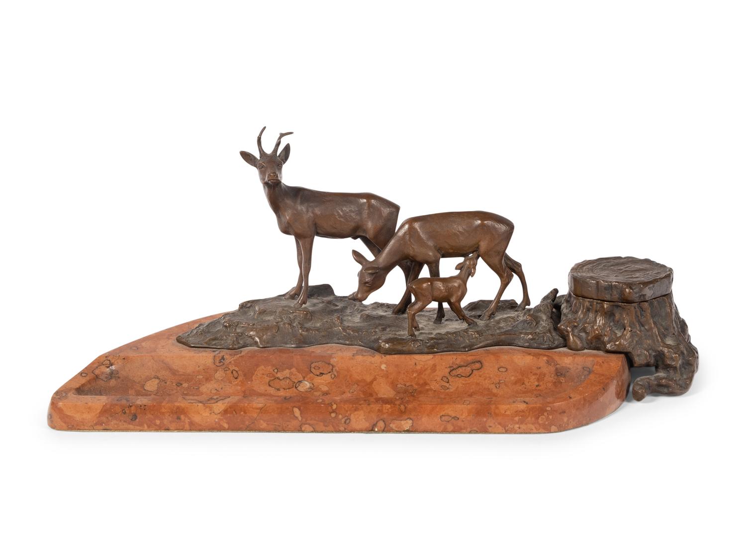 A Continental Bronze and Carved Hardstone Standish