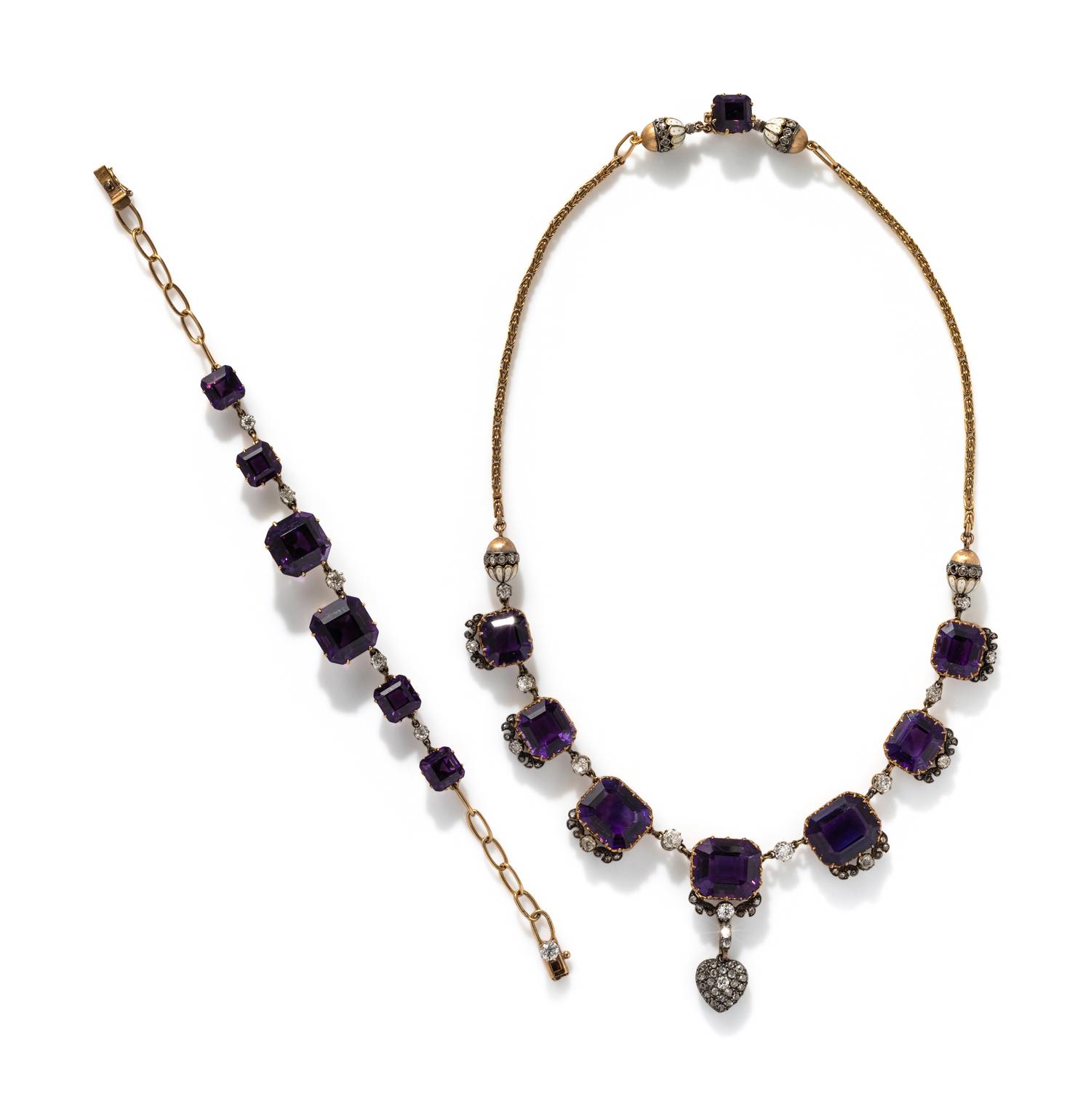 GEORGIAN, YELLOW GOLD, AMETHYST, AND DIAMOND JEWELRY SUITE