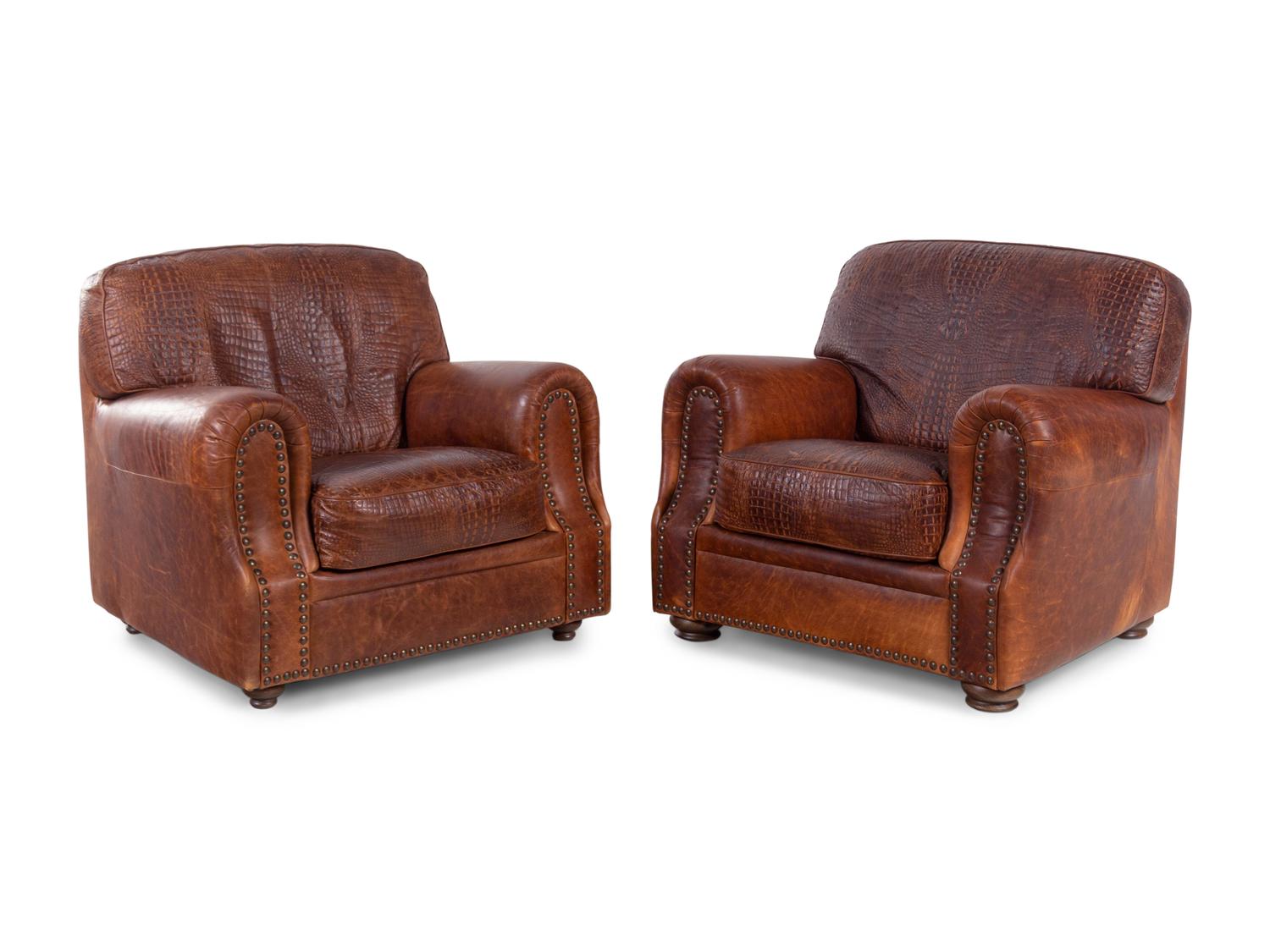 Three Embossed Leather Upholstered Club Chairs