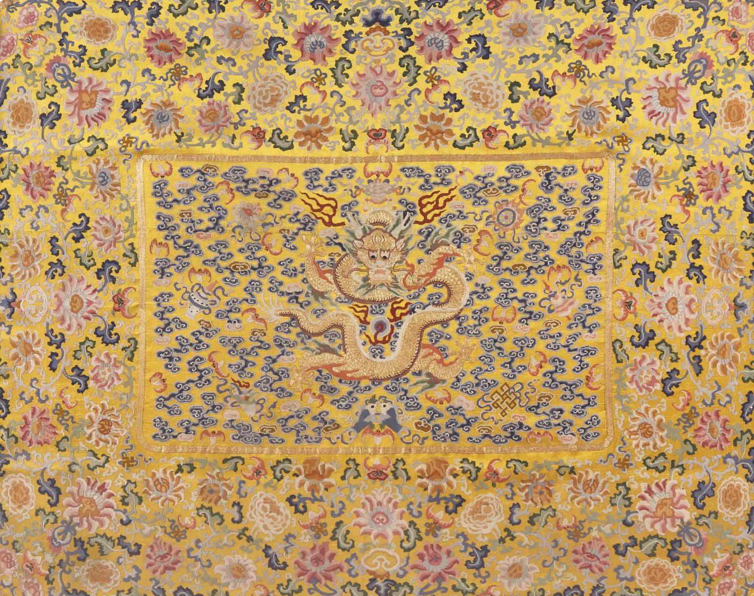 A Large Chinese Yellow Ground Embroidered ’Dragon and Lotus‘ Silk Throne Cover, 18th-19th Century 清中期 黄地绣云龙纹宝座垫