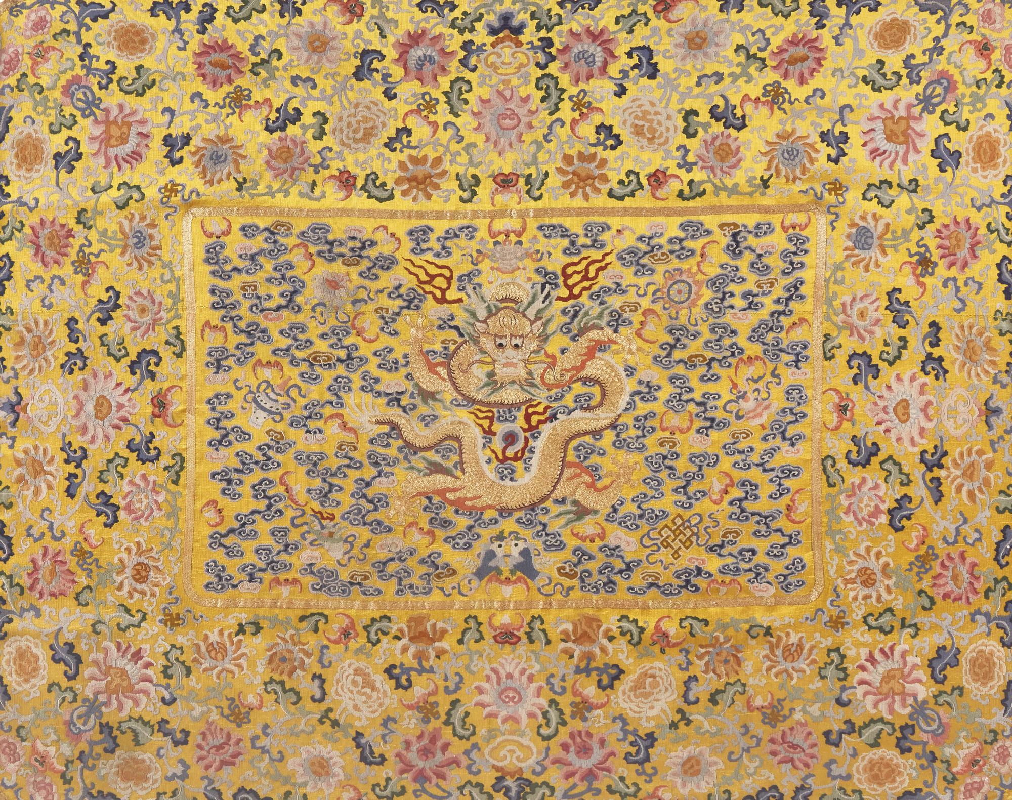 A Large Chinese Yellow Ground Embroidered ’Dragon and Lotus‘ Silk Throne Cover, 18th-19th Century 清中期 黄地绣云龙纹宝座垫