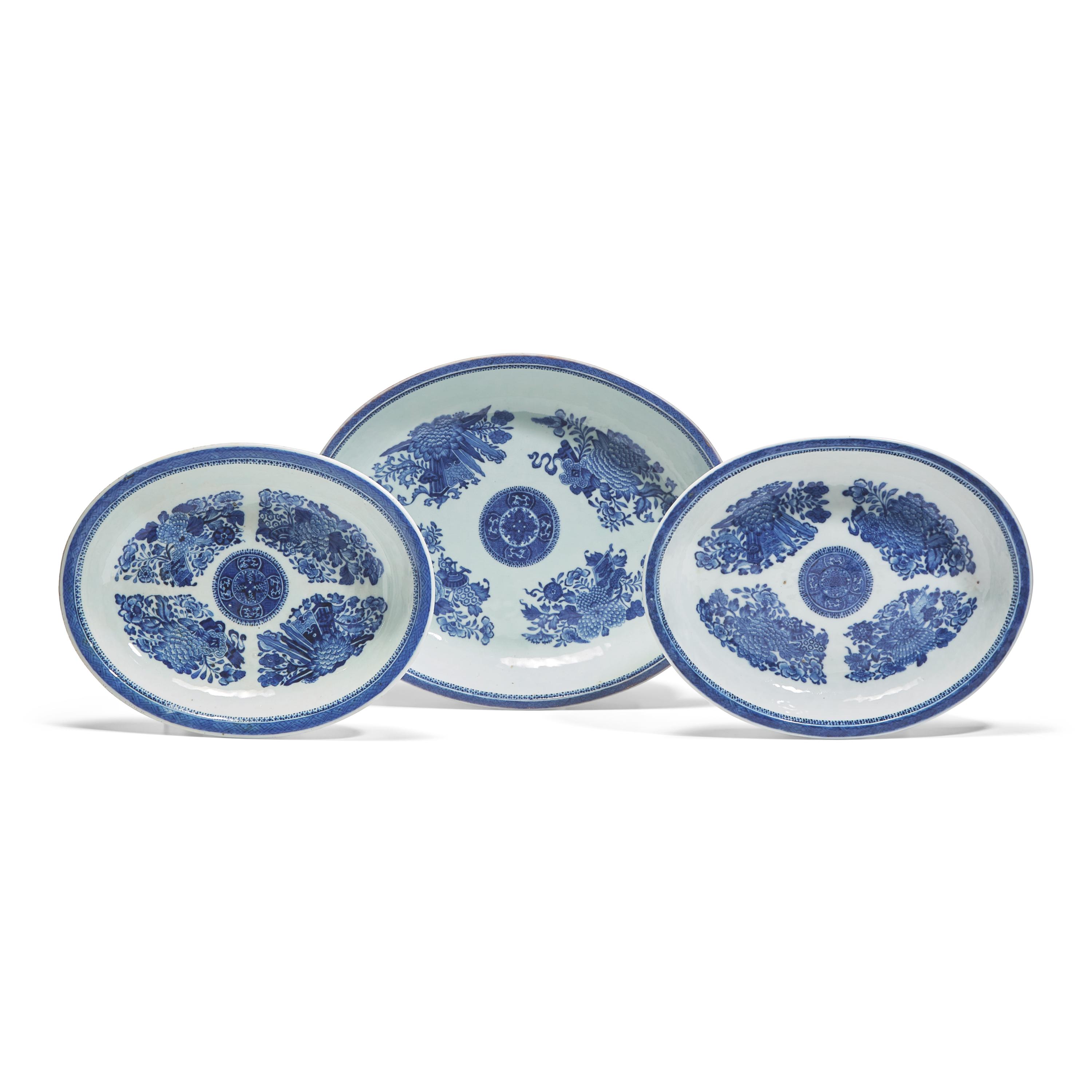 A Group of Three Chinese Export Porcelain Blue Fitzhugh Serving Dishes