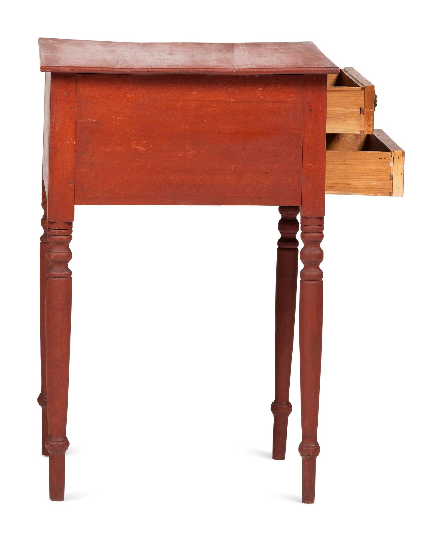 A Classical Inlaid Walnut and Red Painted Maple Two-Drawer Work Table