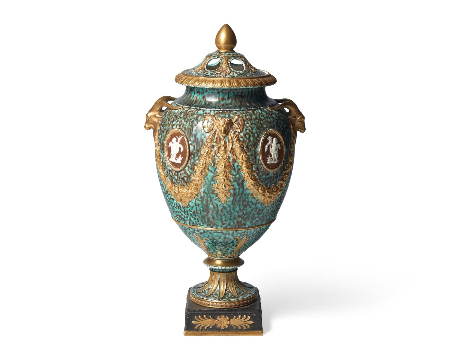 A Wedgwood Creamware Crystalline and Parcel Gilt Covered Flower Urn