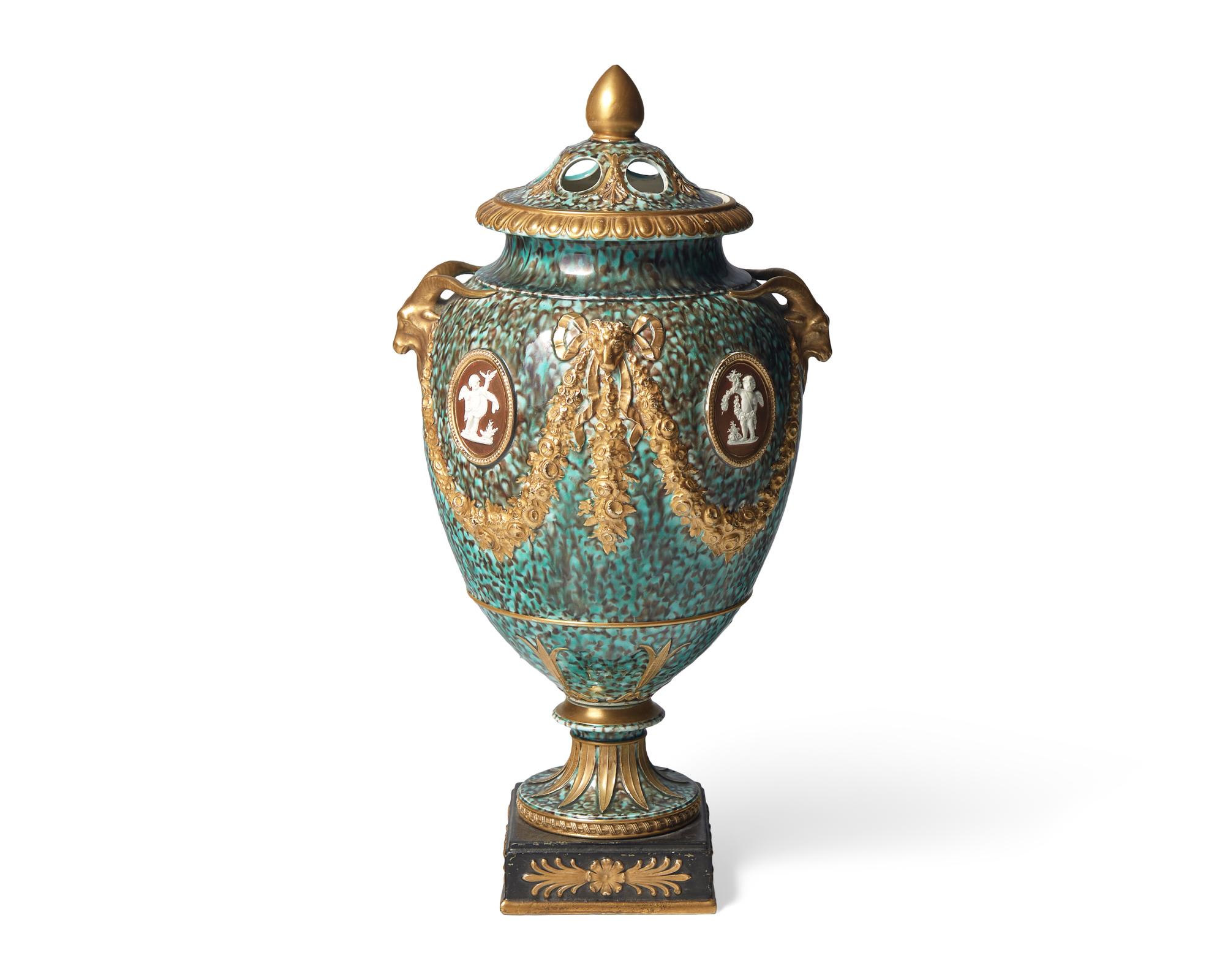 A Wedgwood Creamware Crystalline and Parcel Gilt Covered Flower Urn