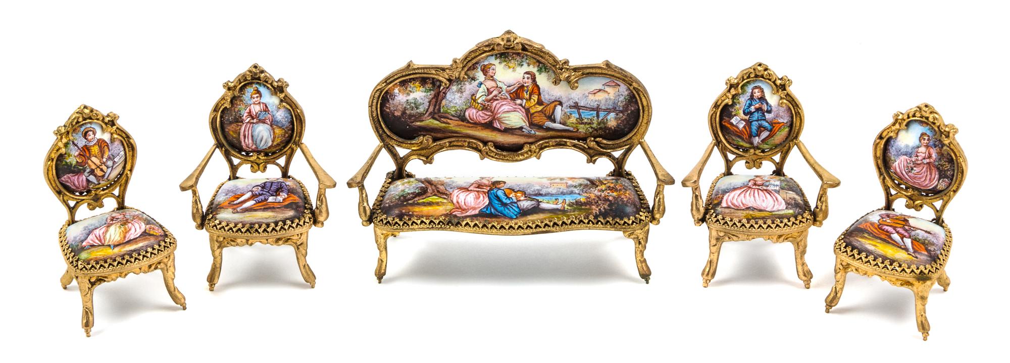 An Austrian Enameled Diminutive Parlor Set Width of first 4 1/4 inches. — 19TH/20TH CENTURY