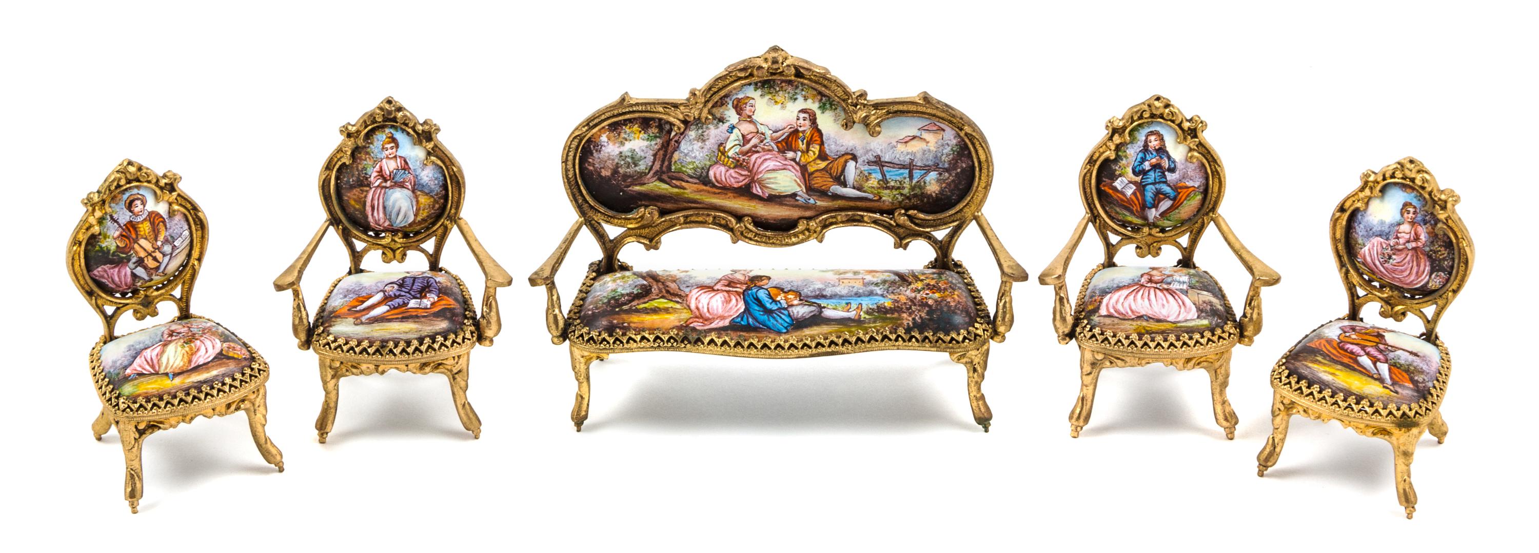 An Austrian Enameled Diminutive Parlor Set Width of first 4 1/4 inches. — 19TH/20TH CENTURY