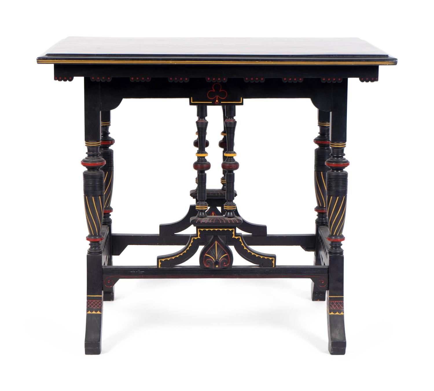 An Eastlake Ebonized Side Table with Red and Black Checkered Top — 19TH CENTURY