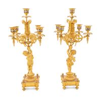 A Pair of French Gilt Bronze and Champlevé Five-Light Candelabra
