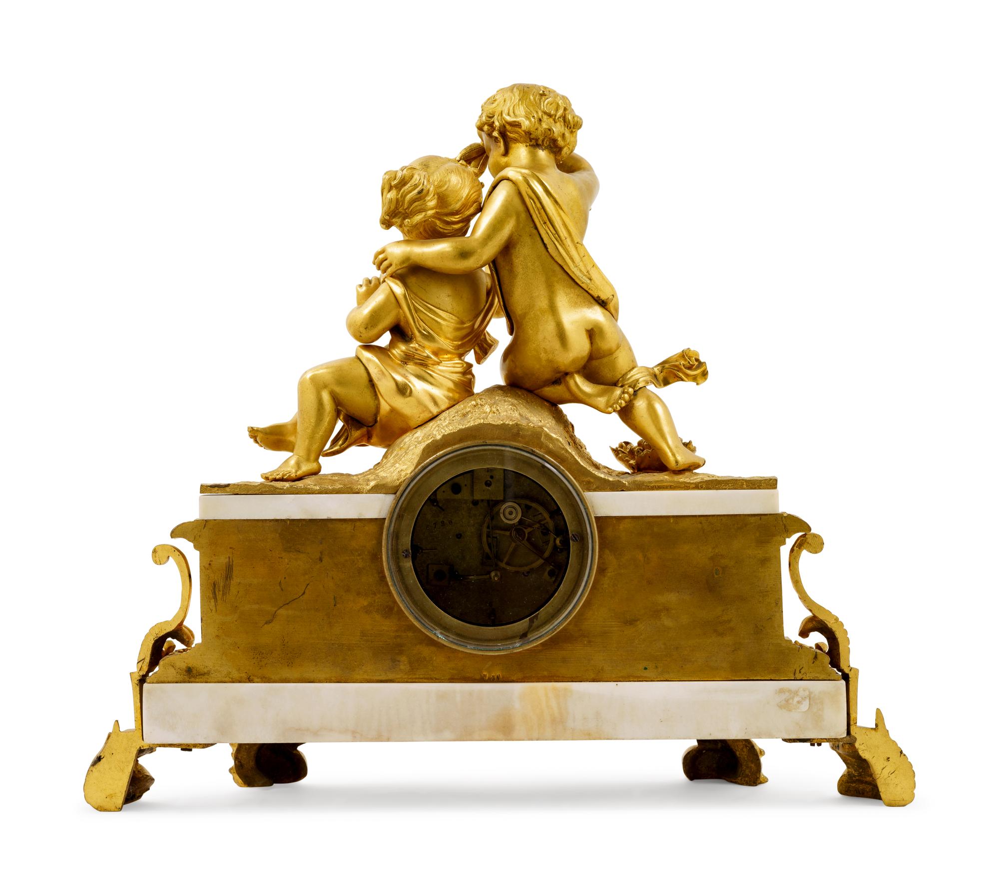 A Louis XV Style Gilt Bronze Mounted White Marble Figural Mantel Clock