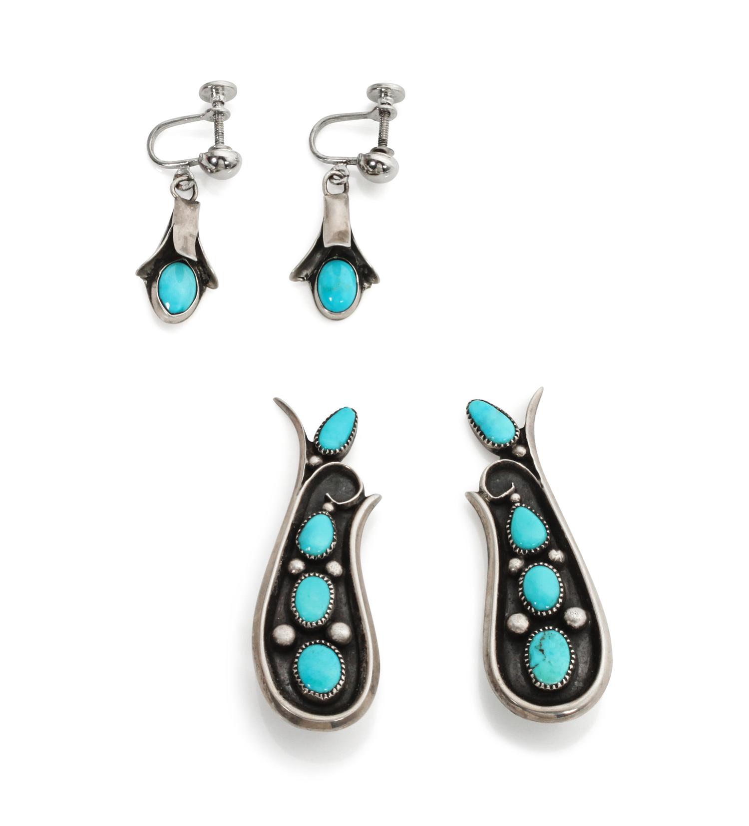 Two Pairs of Southwestern Style Silver and Turquoise Earrings Length of first 2 inches.