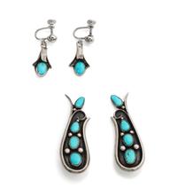 Two Pairs of Southwestern Style Silver and Turquoise Earrings Length of first 2 inches.