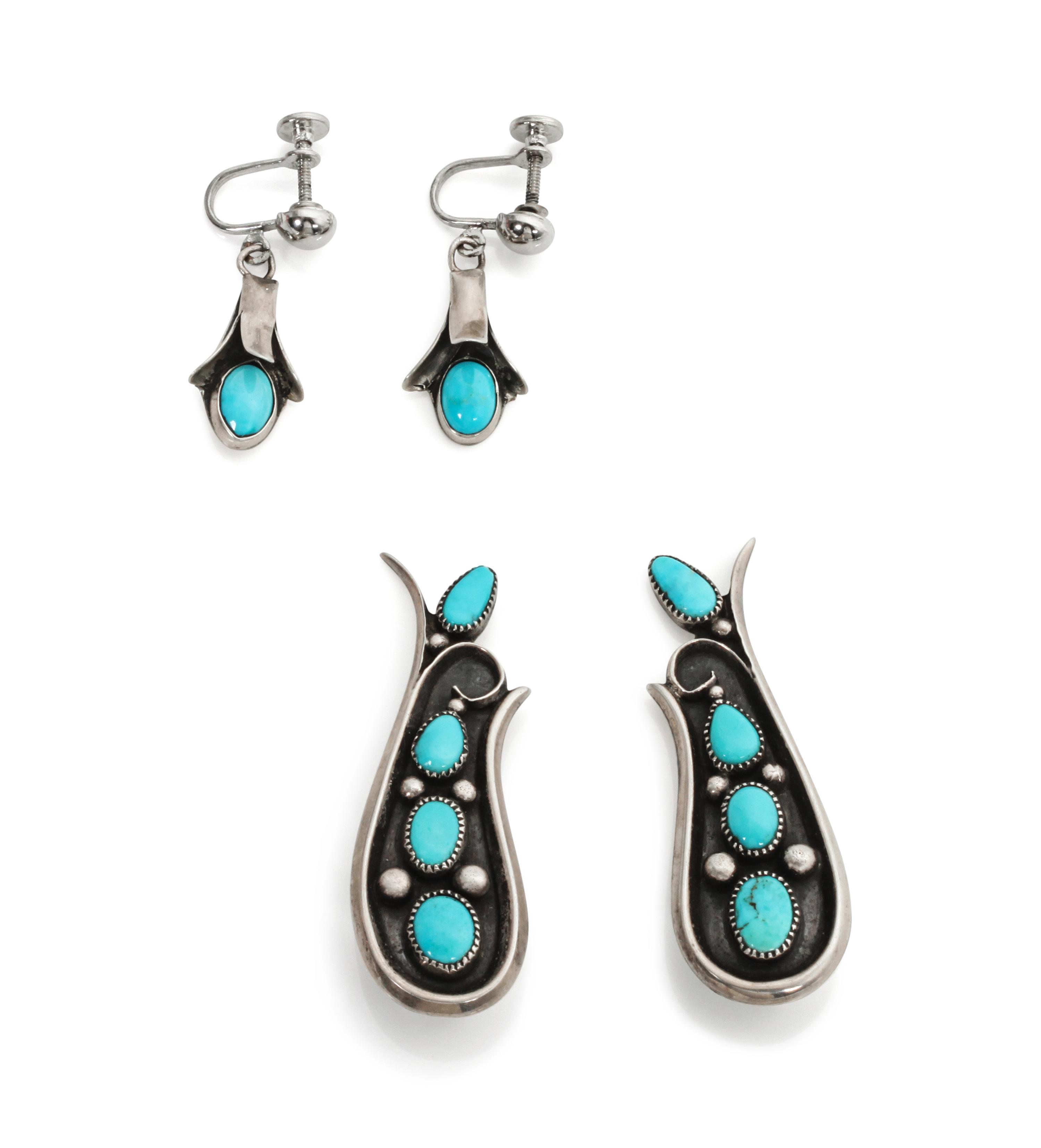 Two Pairs of Southwestern Style Silver and Turquoise Earrings Length of first 2 inches.