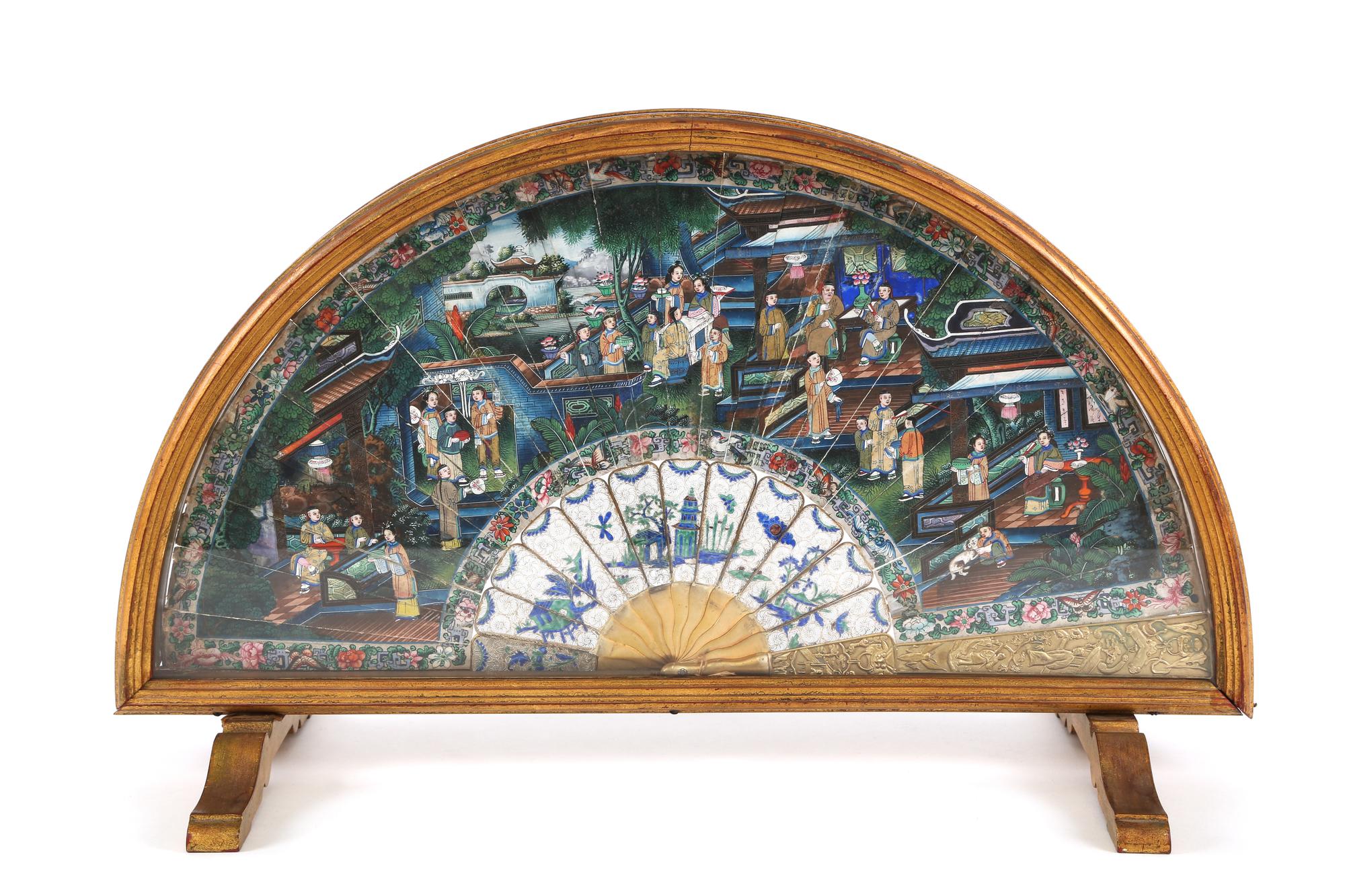 A Chinese Gilt Metal Mounted Paper Folding Fan Height 12 3/4 x length 21 1/2 inches. — 19TH CENTURY