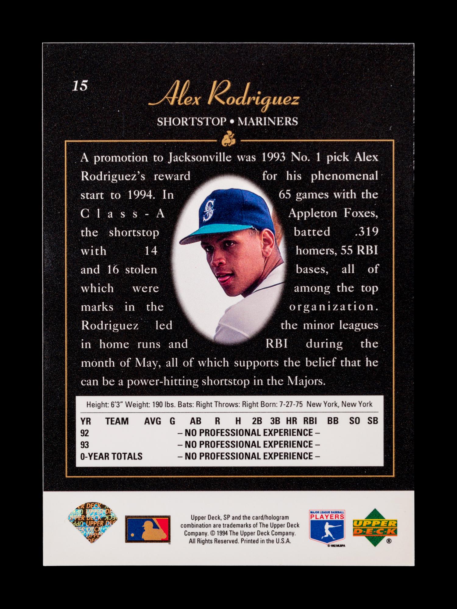 A 1994 Upper Deck SP Alex Rodriguez Rookie Baseball Card No. 15