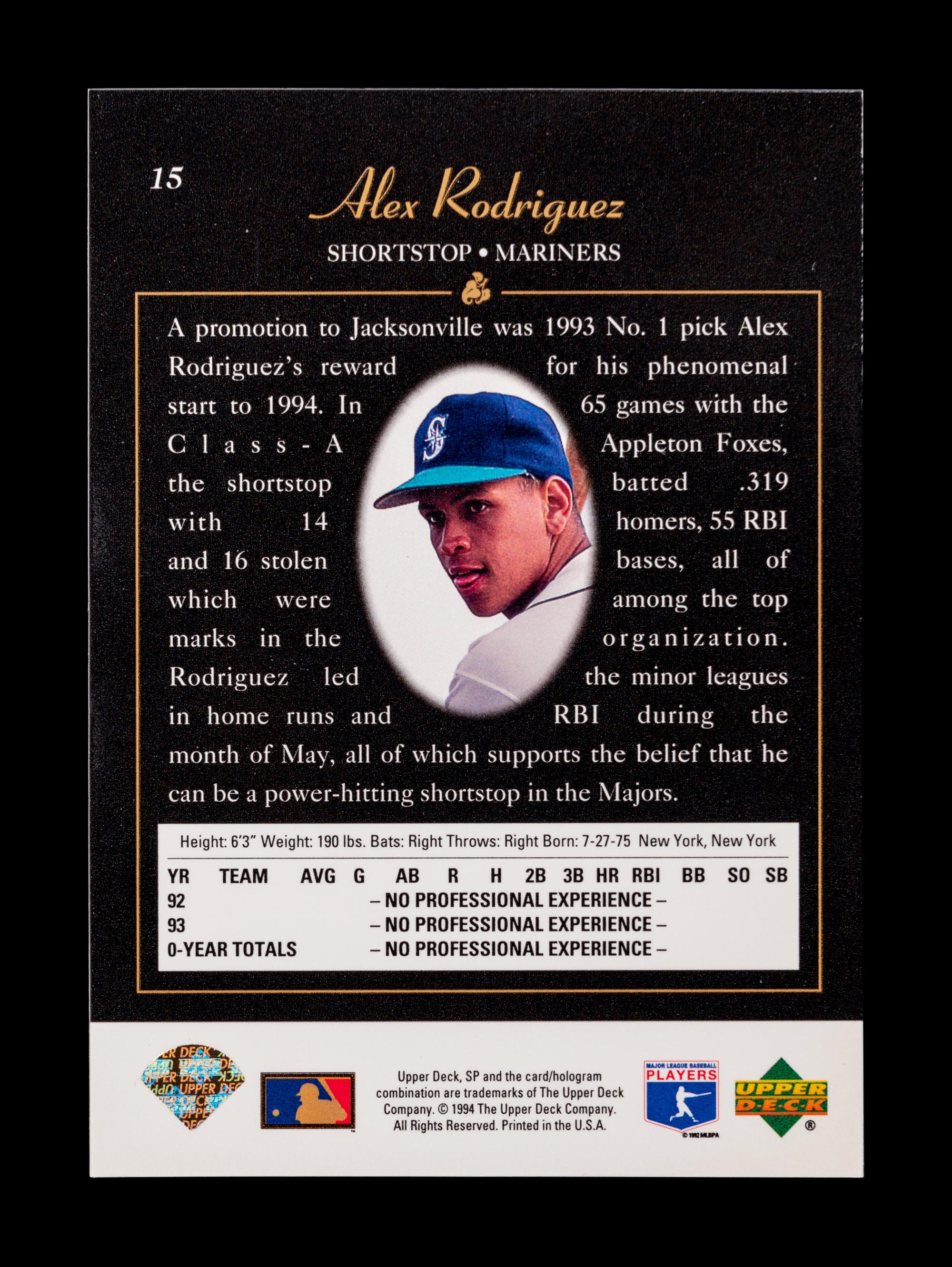 A 1994 Upper Deck SP Alex Rodriguez Rookie Baseball Card No. 15
