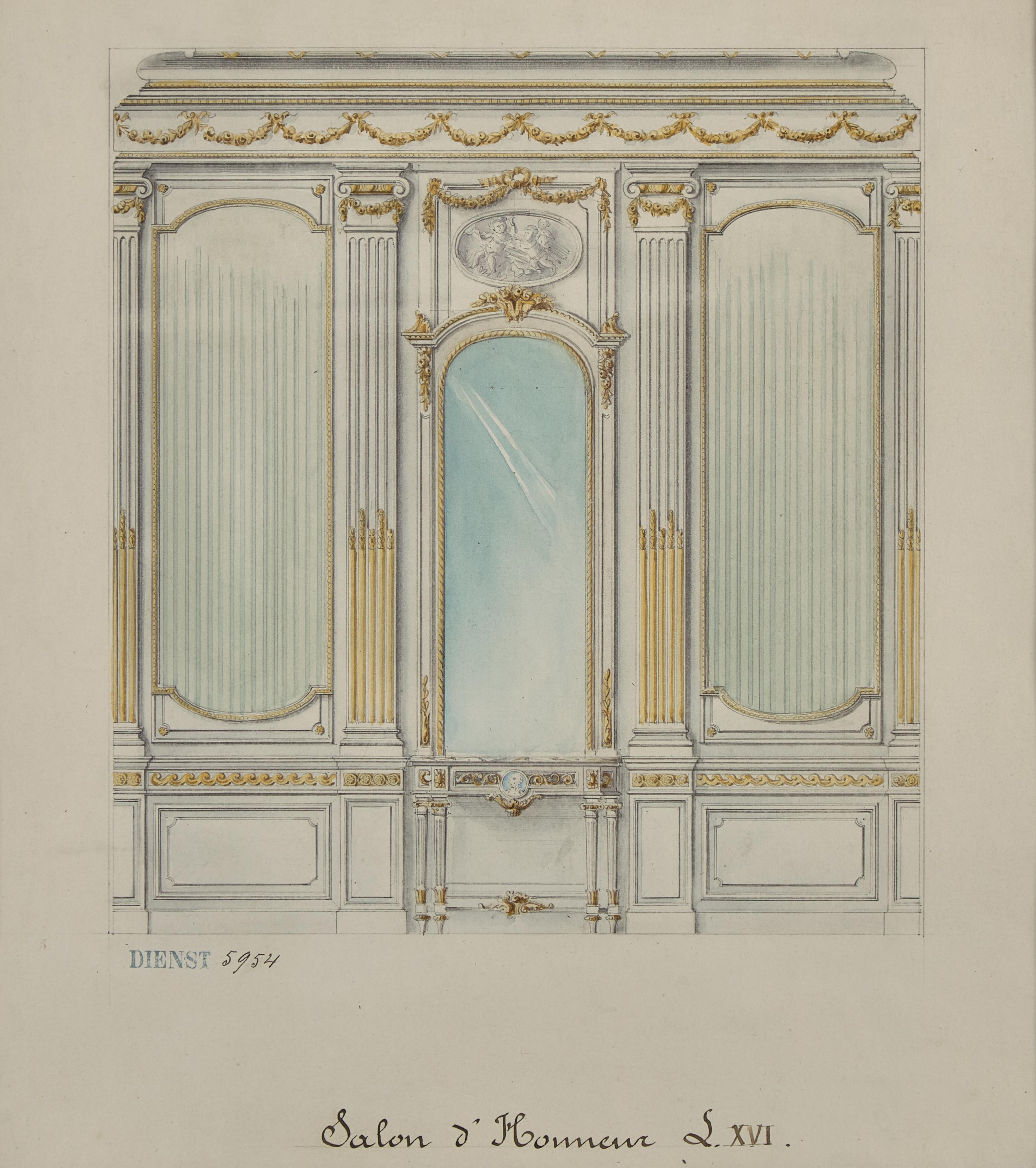 Attributed to Eugène Dienst (French, 19th Century), A Group of Six Hand-Drawn and Painted Studies of French Interiors