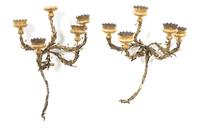 A Pair of Continental Gilt Metal Five-Light Wall Sconces Height 29 x width 18 1/2 x depth 11 1/2 inches. — 19TH CENTURY