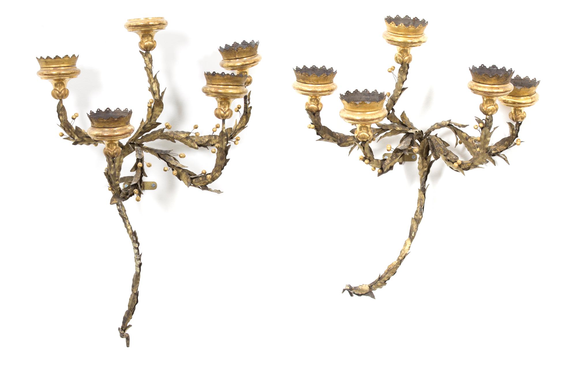 A Pair of Continental Gilt Metal Five-Light Wall Sconces Height 29 x width 18 1/2 x depth 11 1/2 inches. — 19TH CENTURY