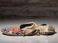Northern Plains Beaded and Quilled Moccasins, with Painted Parfleche Soles