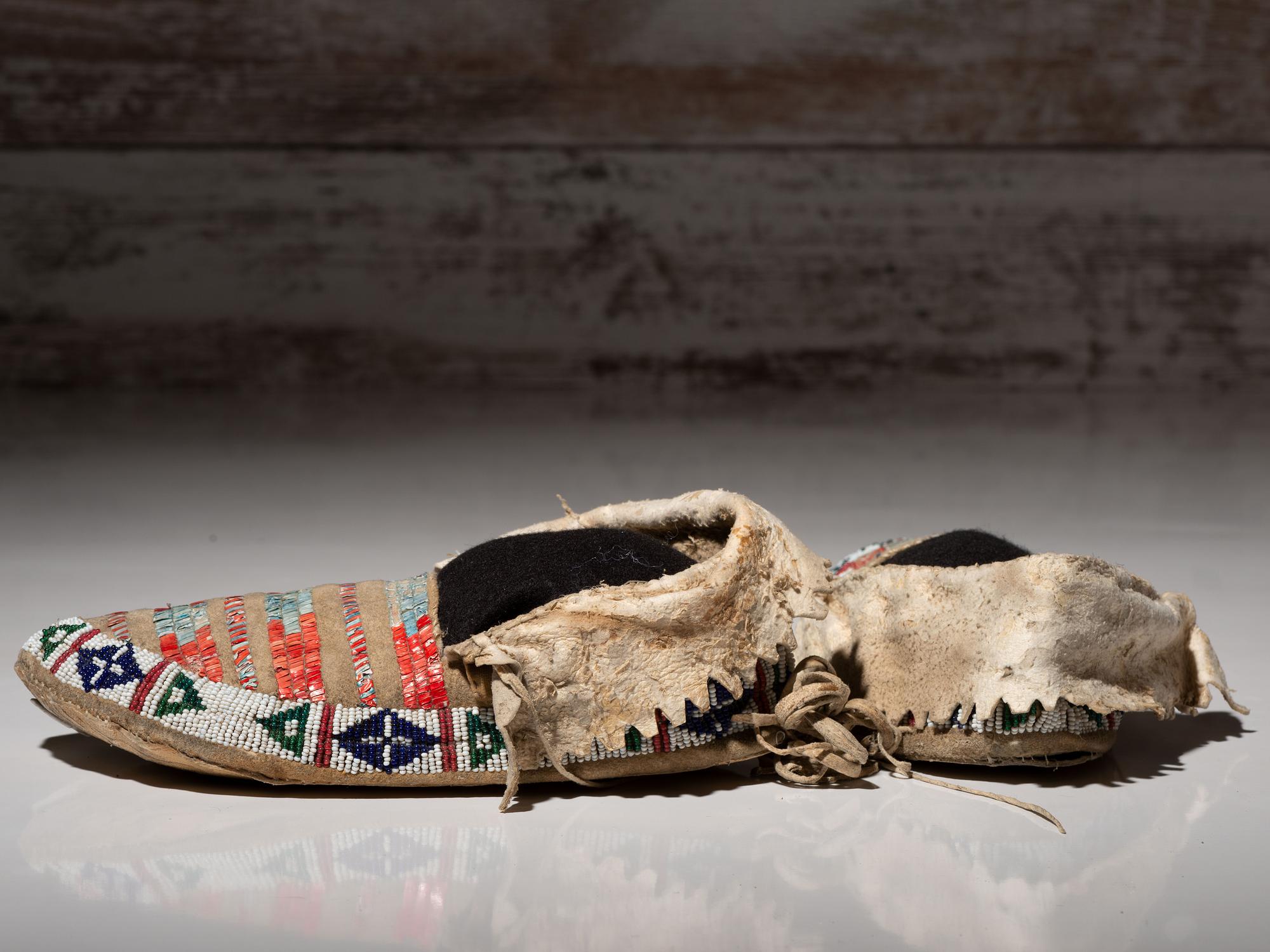 Northern Plains Beaded and Quilled Moccasins, with Painted Parfleche Soles