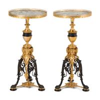A Pair of French Neoclassical Style Gilt and Patinated Bronze Marble-Top Tables