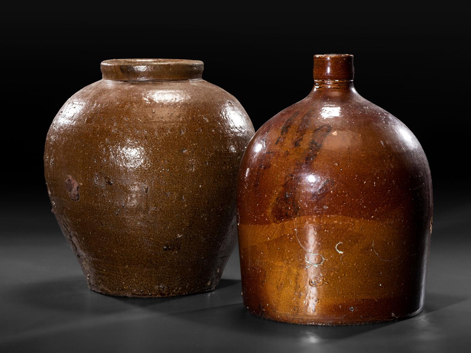 Two Brown Glazed Stoneware Vessels