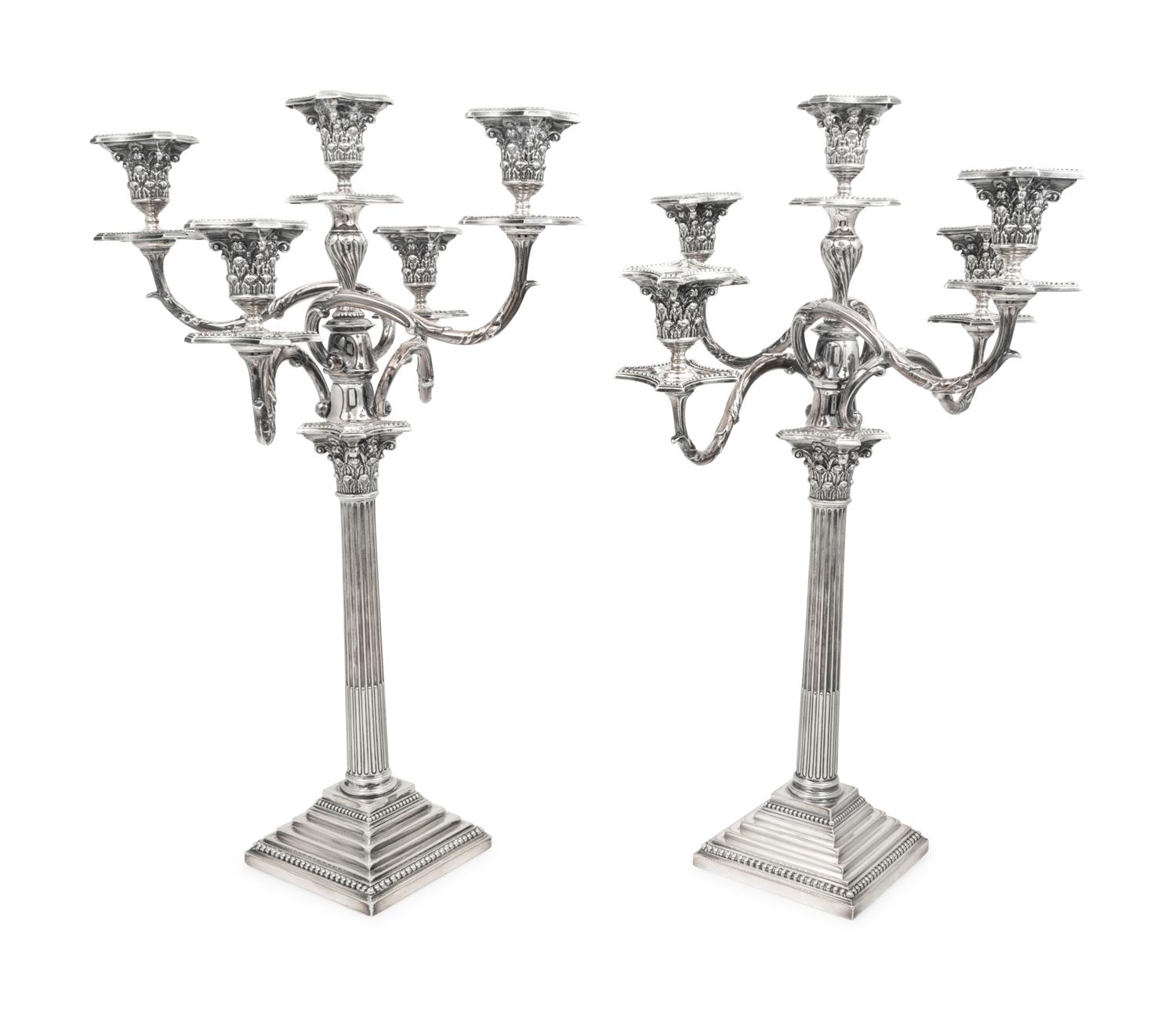 A Pair of English Silver-Plate Five-Light Candleabra