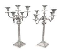 A Pair of English Silver-Plate Five-Light Candleabra