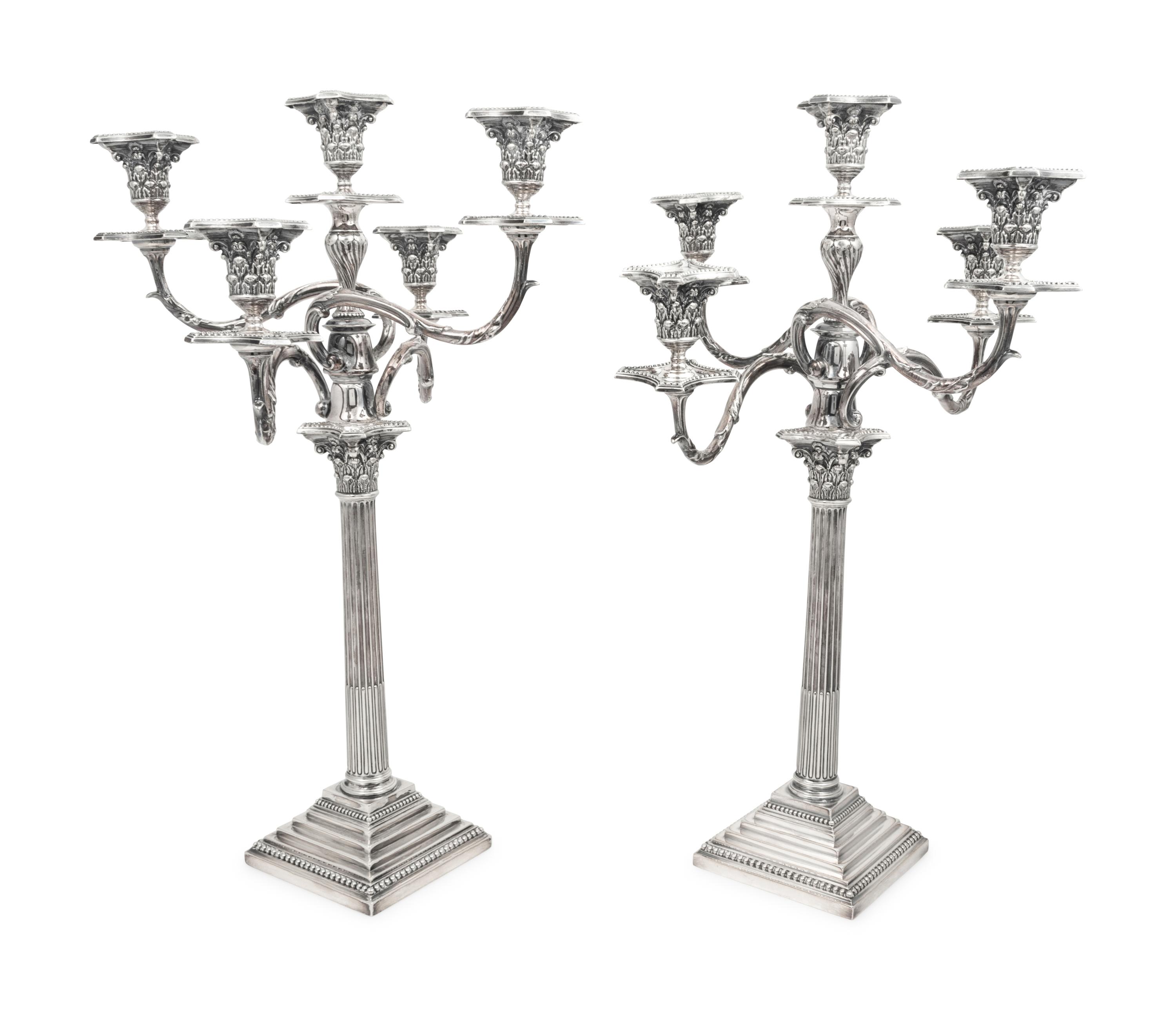 A Pair of English Silver-Plate Five-Light Candleabra