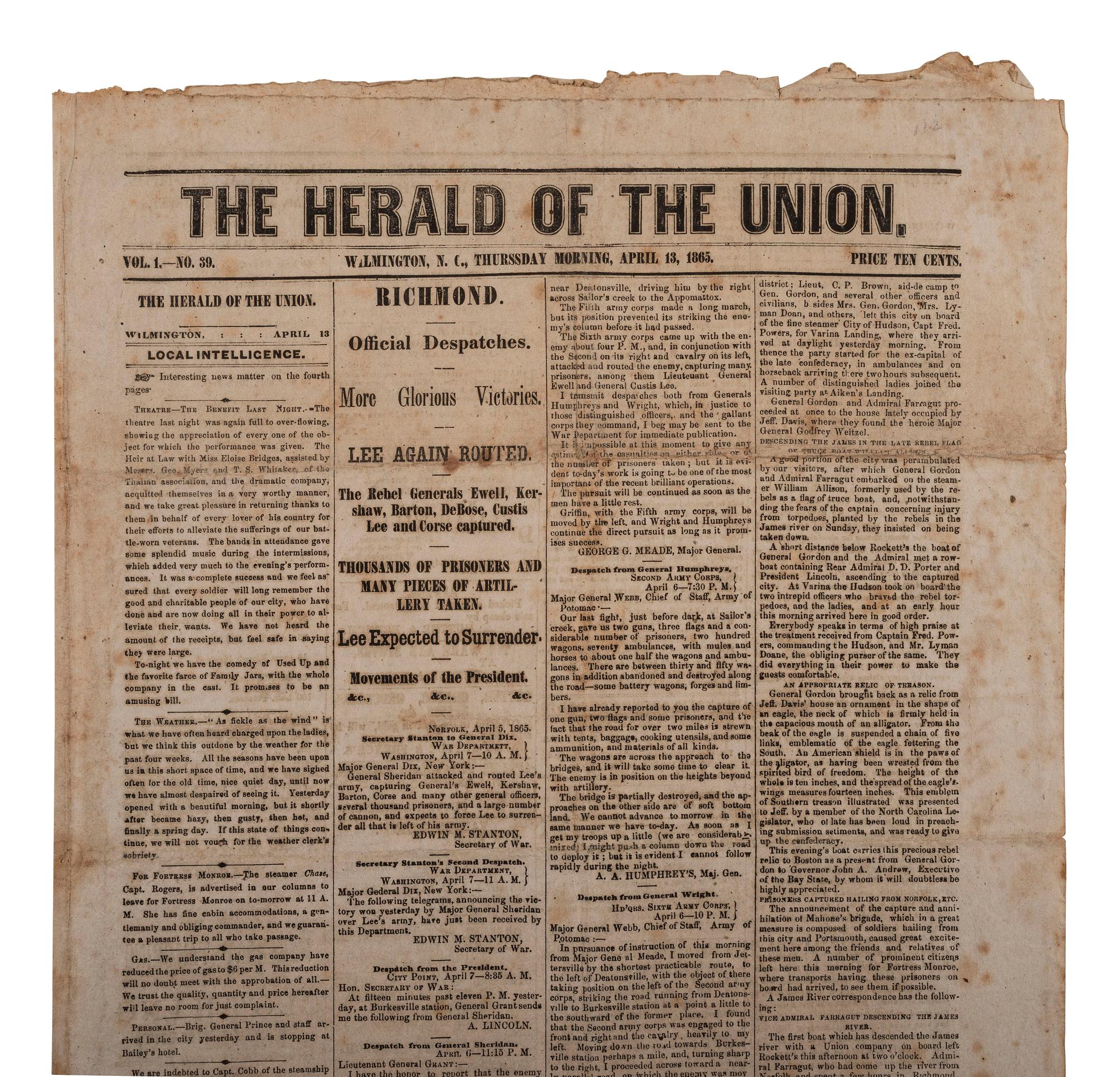 [CIVIL WAR]. Two Civil War-era newspapers, incl. coverage of Second Bull Run and early report of Lee's expected surrender to Grant.