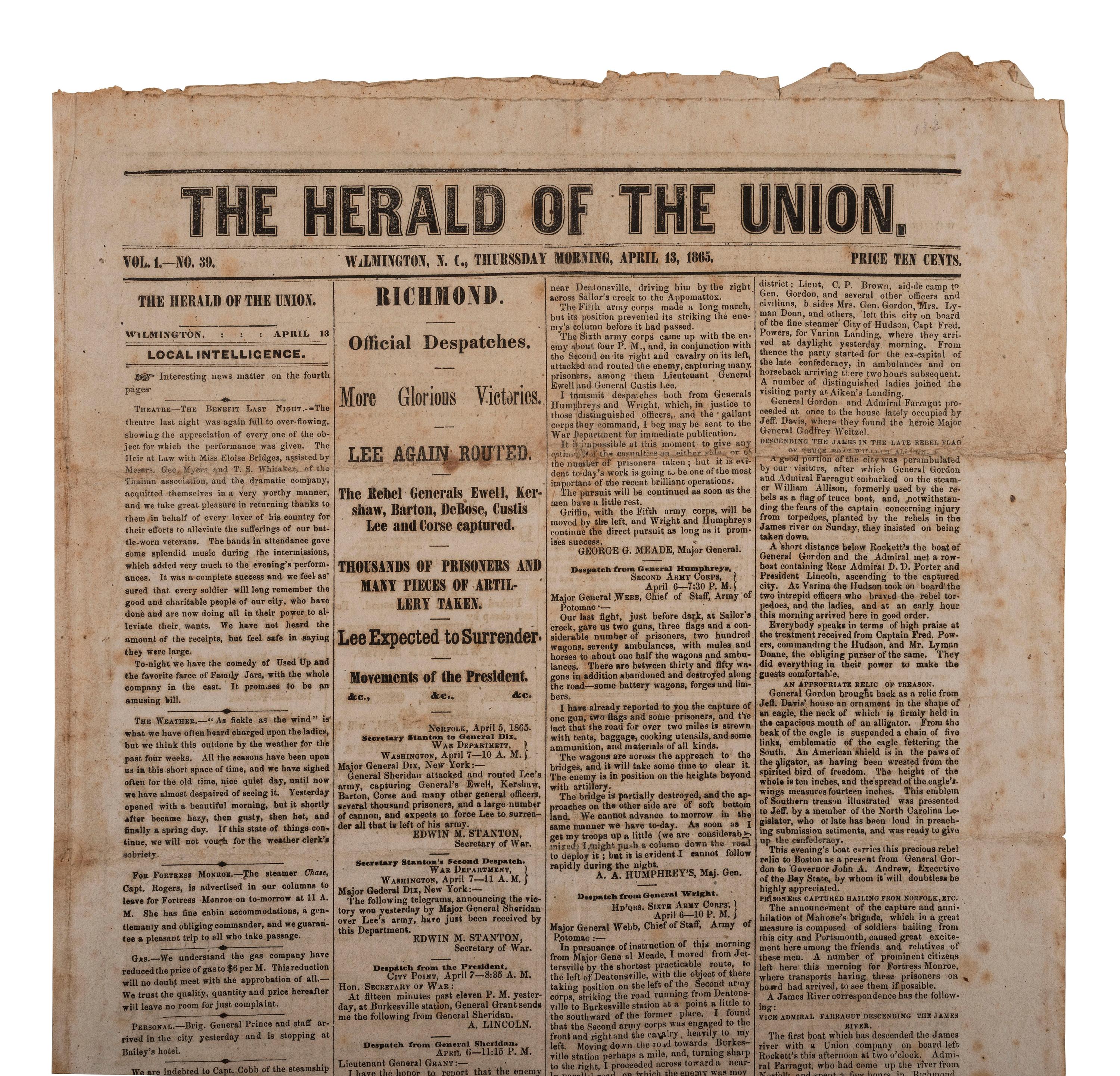 [CIVIL WAR]. Two Civil War-era newspapers, incl. coverage of Second Bull Run and early report of Lee's expected surrender to Grant.