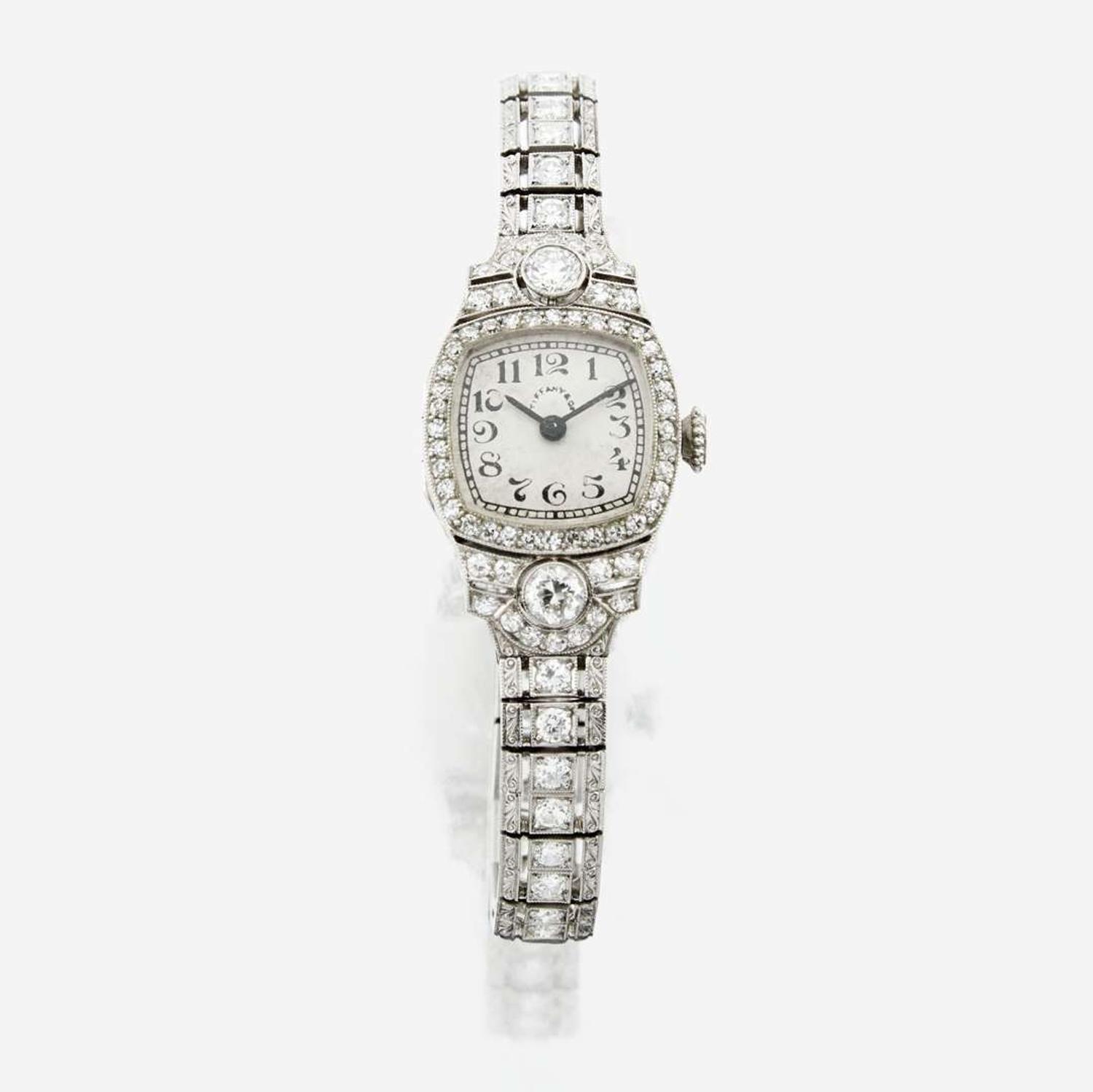 An Art Deco diamond and platinum bracelet watch, Tiffany & Co.