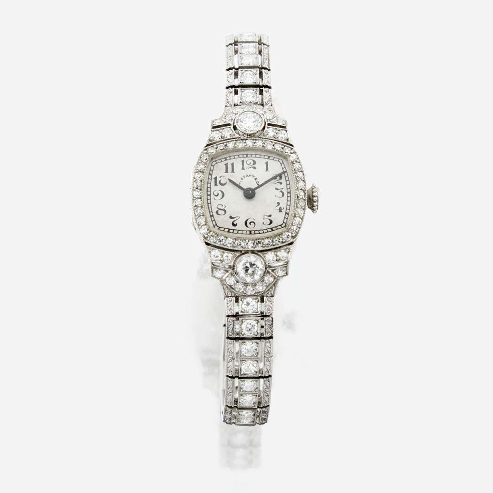 An Art Deco diamond and platinum bracelet watch, Tiffany & Co.