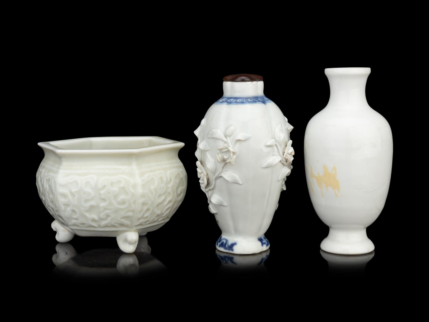 Two Chinese Blanc-de-Chine Porcelain Vases and A Tripod Incense Burner