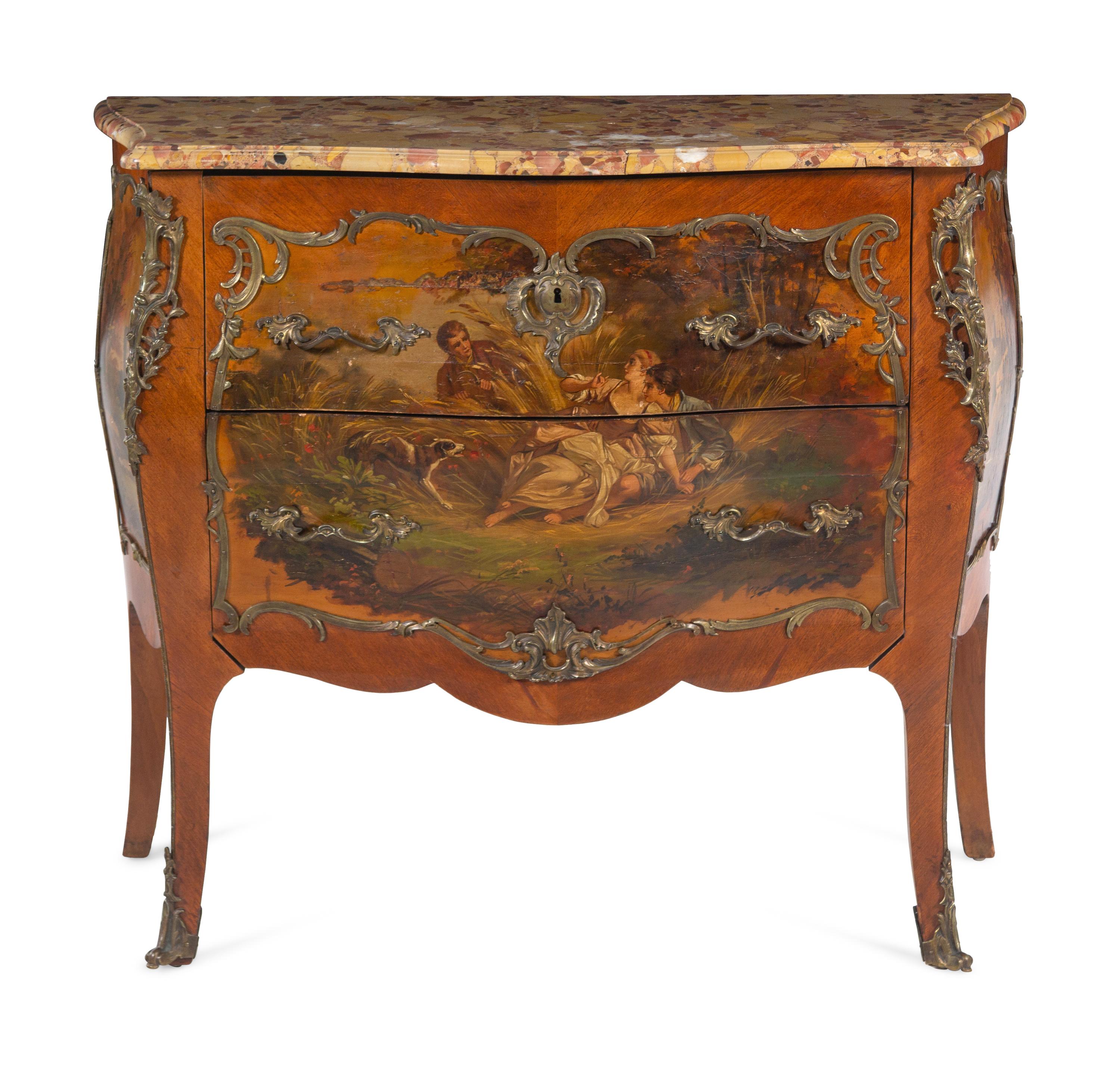 A Louis XV Style Gilt Bronze Mounted Vernis Martin Breche d'Alep Marble-Top Bombe Commode