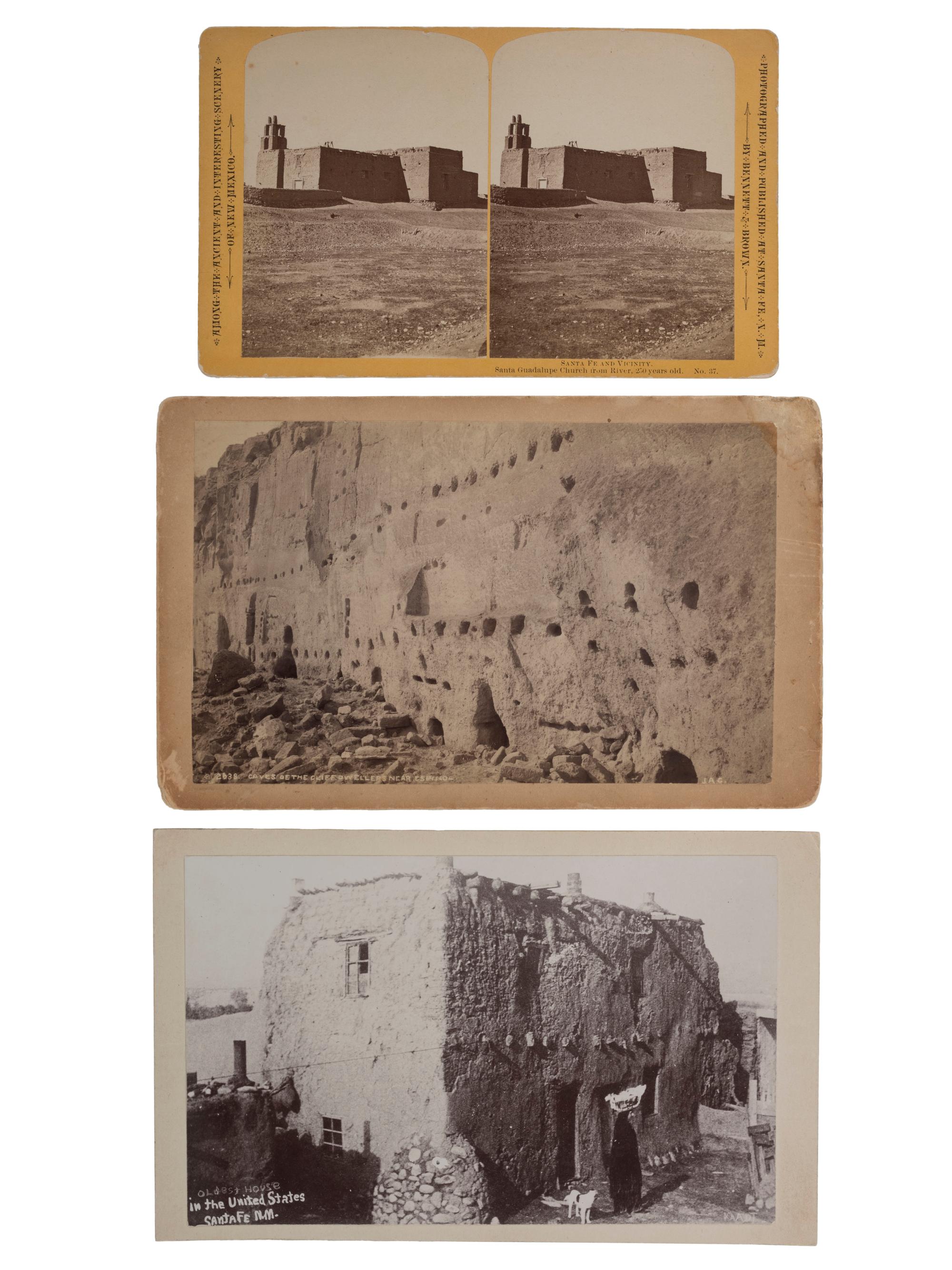 [NEW MEXICO]. A group of 3 photographs of ancient cliff dwellings and early buildings in New Mexico, incl. images by Bennett and Brown, Jackson, and Kaadt. Ca 1880s-1890s.
