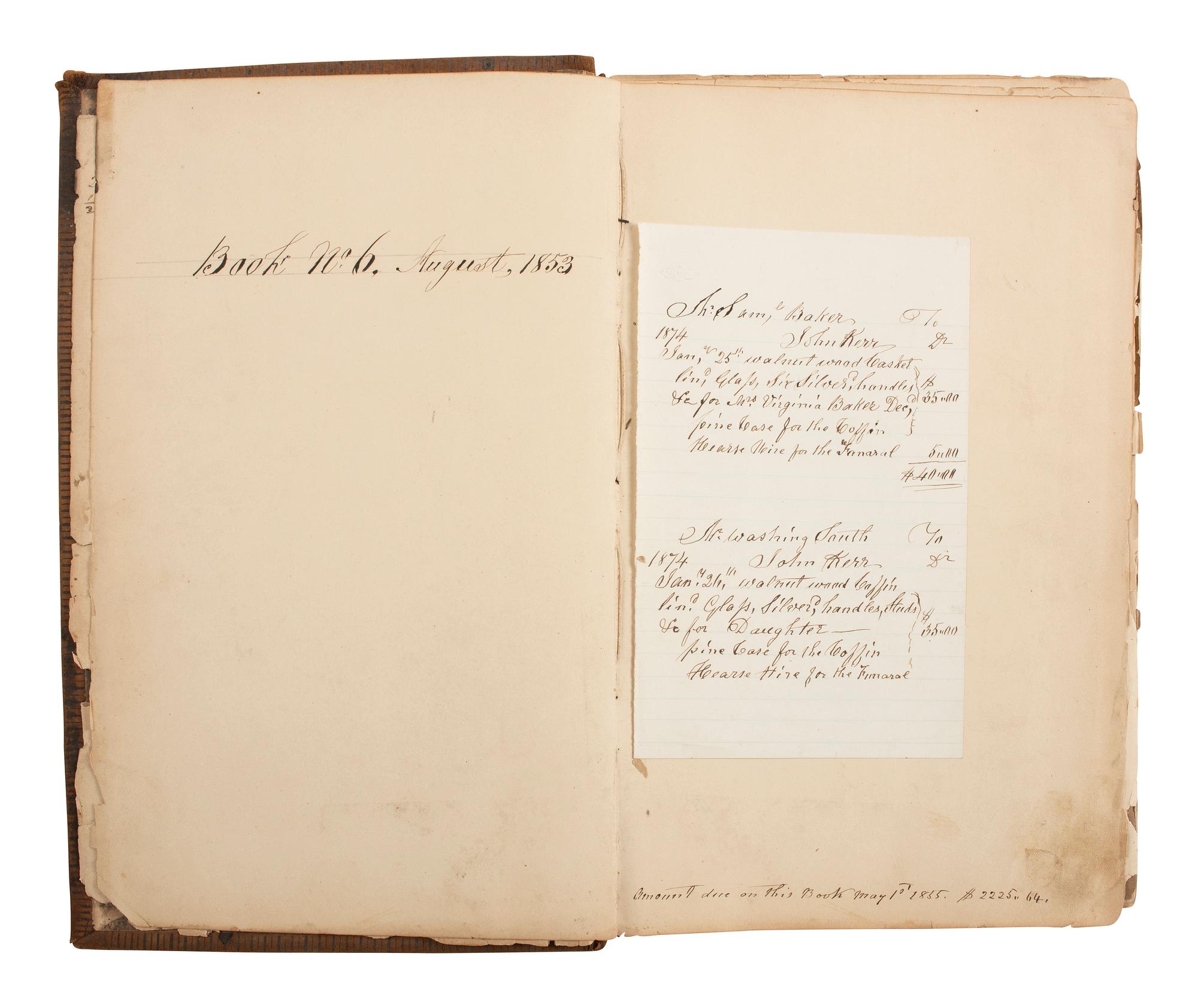 [CIVIL WAR]. Ledger book associated with Winchester, Virginia, cabinet maker John Kerr (1797-1875), documenting coffins built and sold for Union and Confederate soldiers as well as other wartime activity.